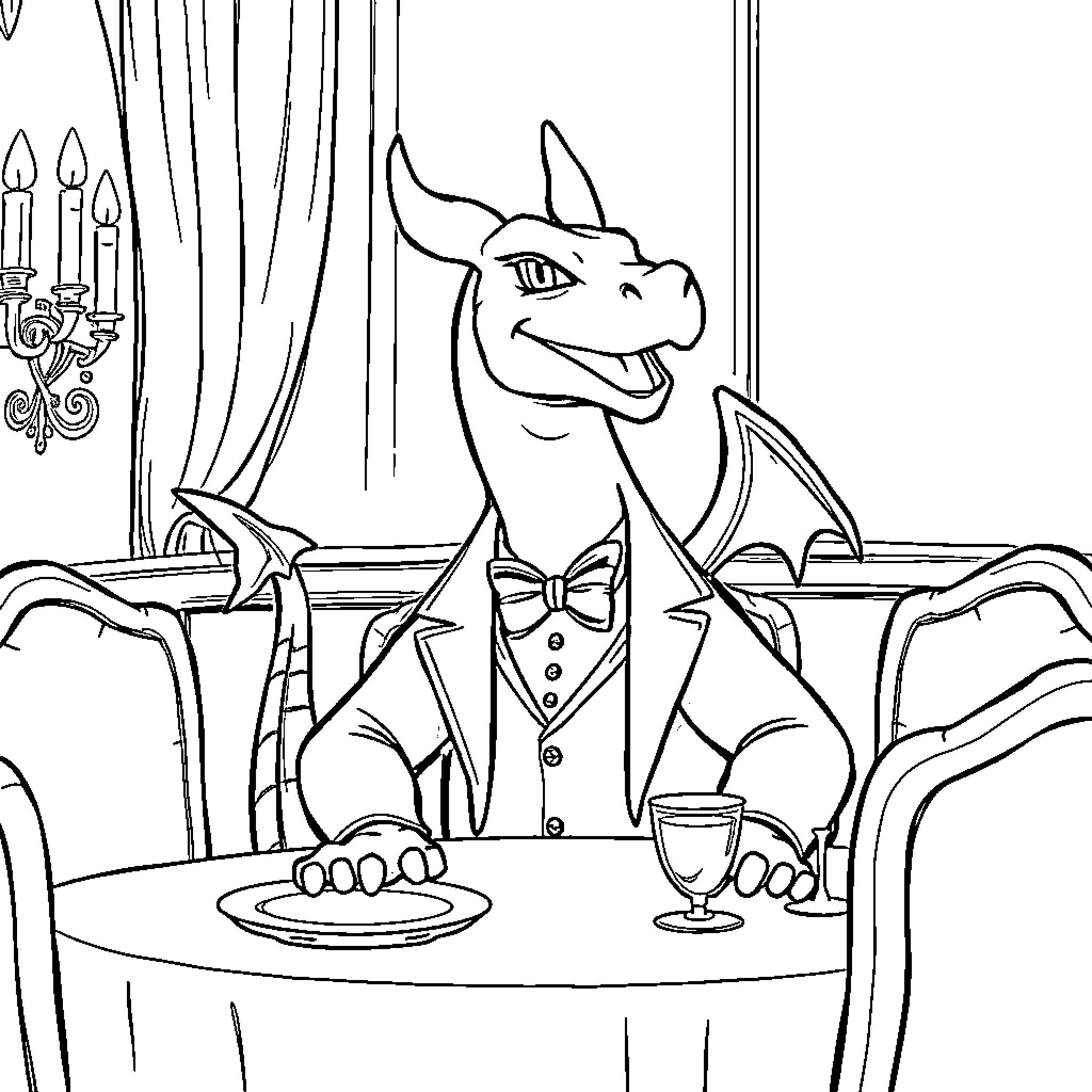 Charizard enjoying a fancy dinner Coloring Page (free black-and-white line drawing printable PDF for all, from beginners to advanced learners, including children, teens, adults, and seniors)