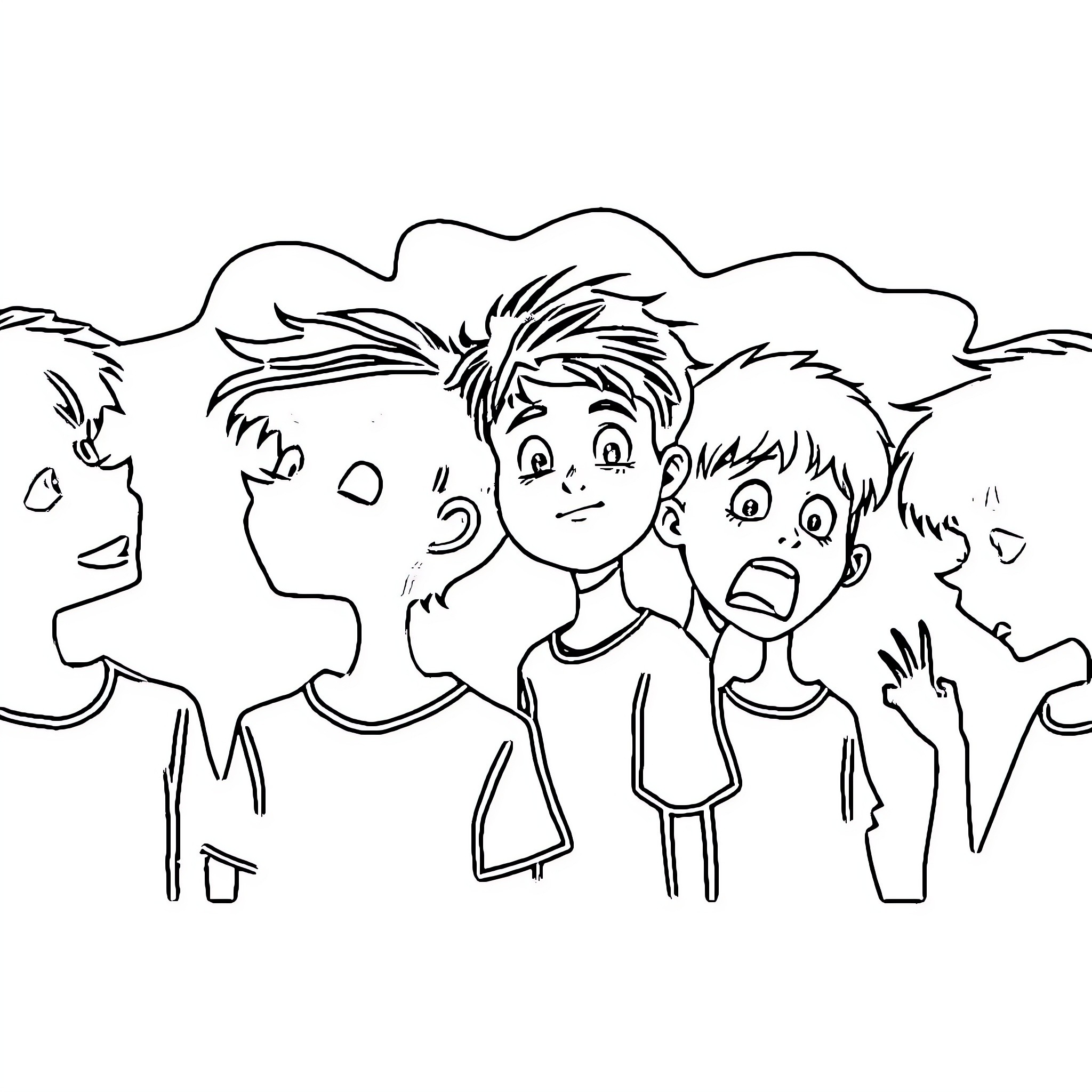 Children exploring a vibrant outdoor scene Coloring Page (free black-and-white line drawing printable PDF for all, from beginners to advanced learners, including children, teens, adults, and seniors)