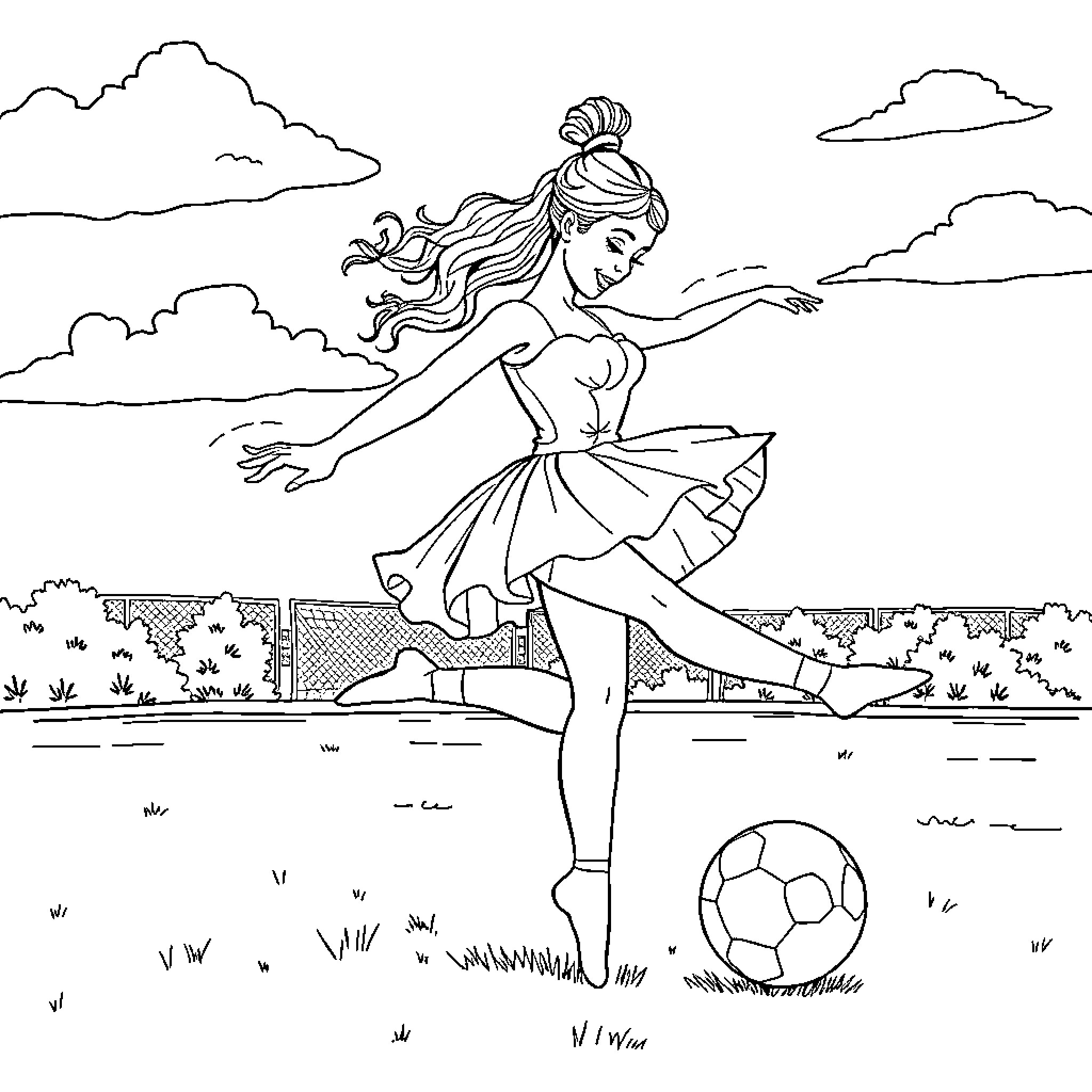 Ballerina playing with a soccer ball on the field Coloring Page (free black-and-white line drawing printable PDF for all, from beginners to advanced learners, including children, teens, adults, and seniors)