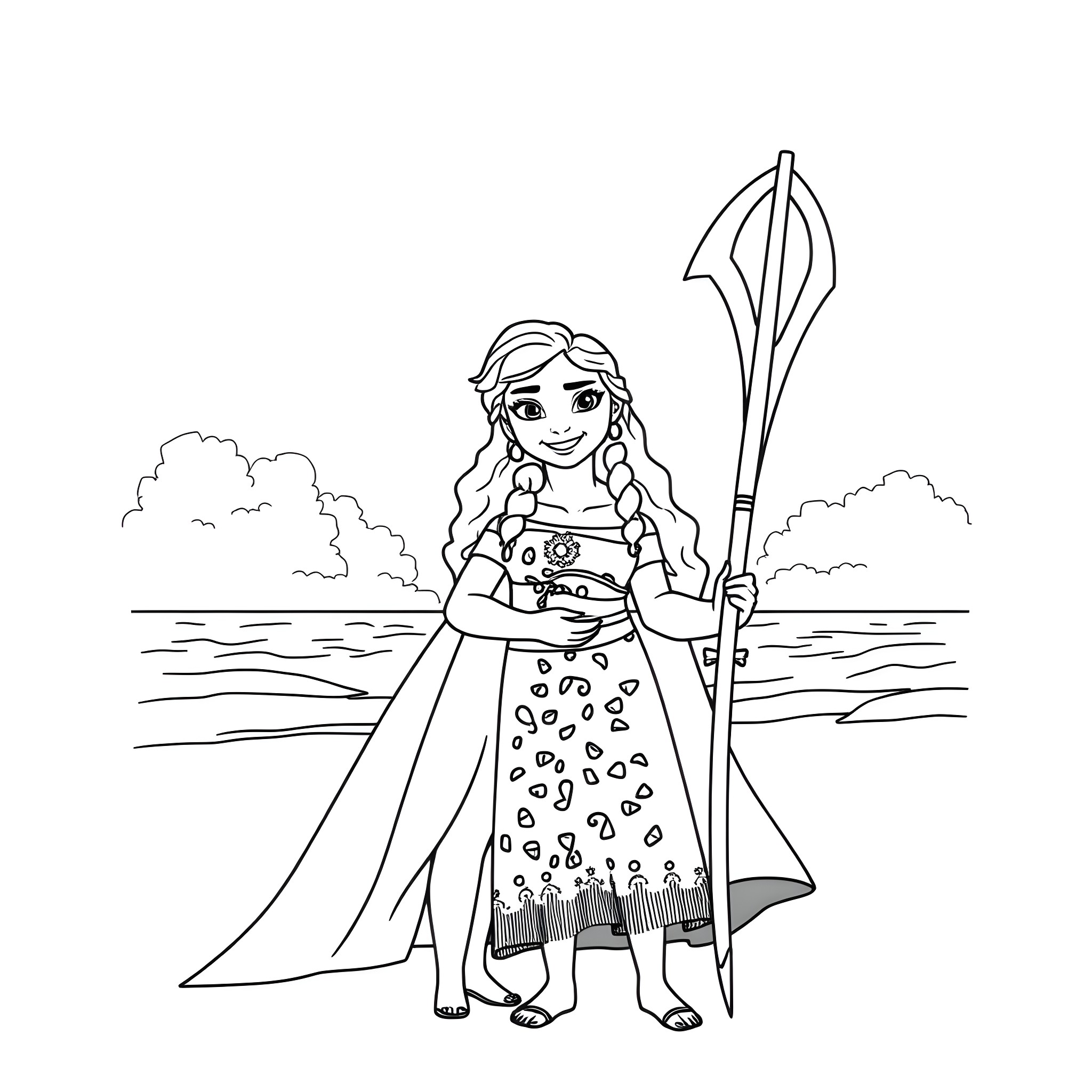Elsa and Moana exploring the ocean together Coloring Page (free black-and-white line drawing printable PDF for all, from beginners to advanced learners, including children, teens, adults, and seniors)