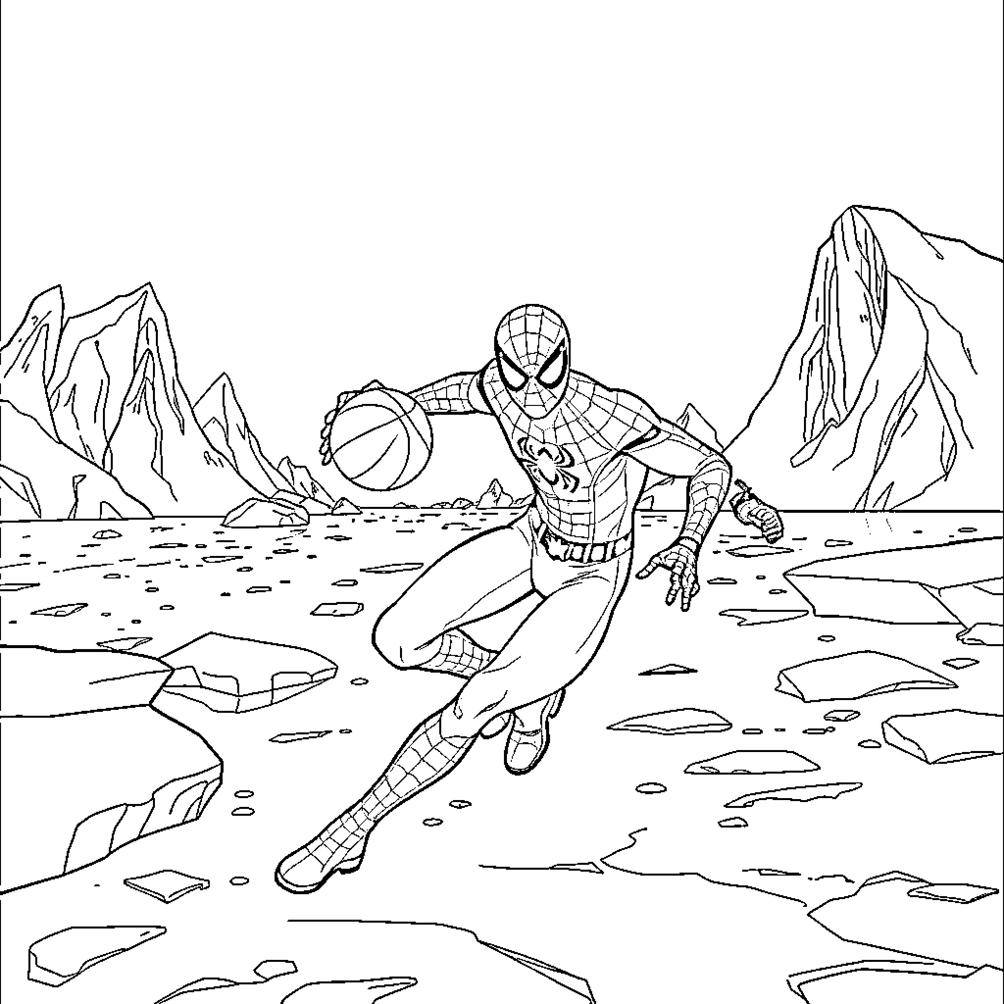 Spiderman swinging through icy mountain terrain Coloring Page (free black-and-white line drawing printable PDF for all, from beginners to advanced learners, including children, teens, adults, and seniors)