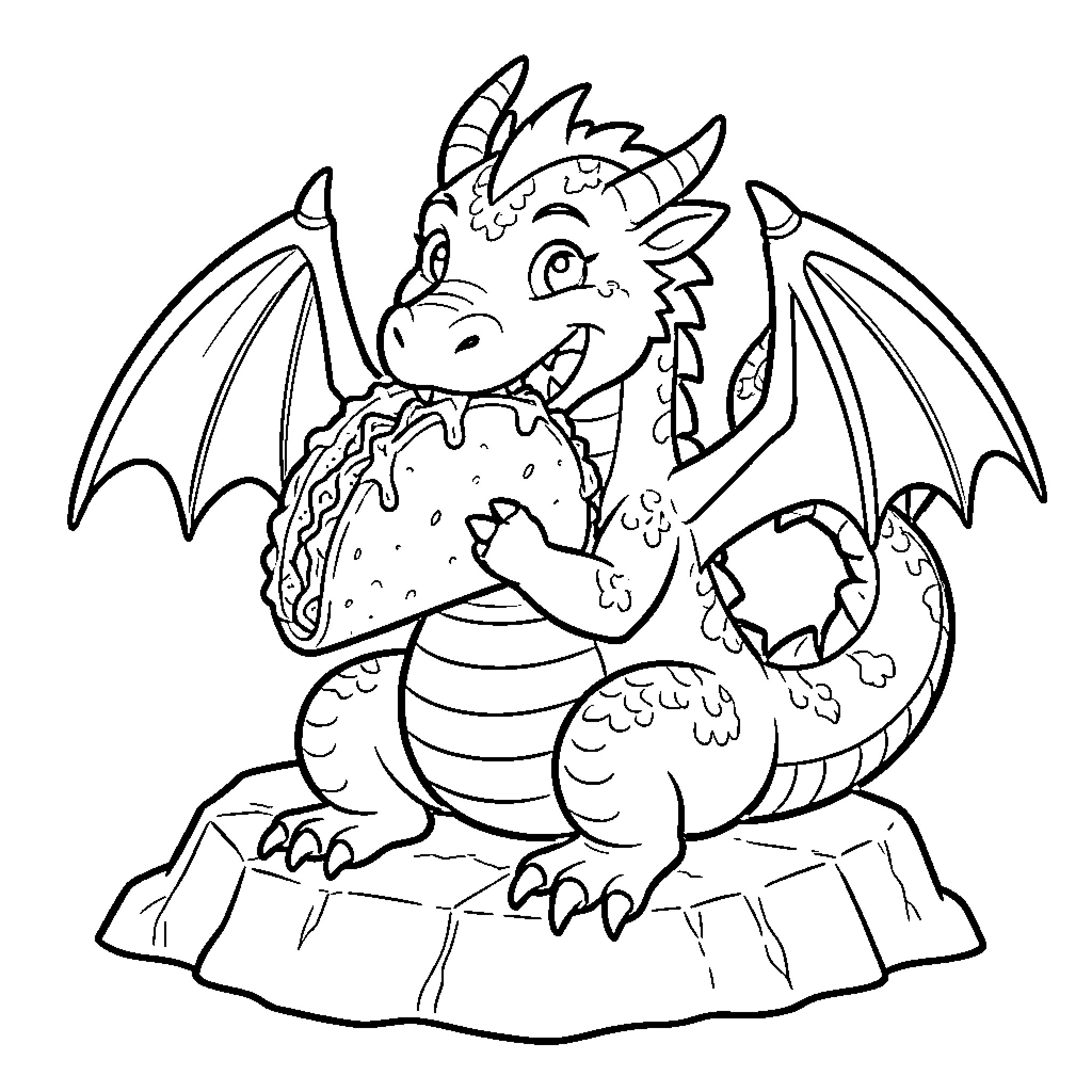 Dragon enjoying a tasty treat Coloring Page (free black-and-white line drawing printable PDF for all, from beginners to advanced learners, including children, teens, adults, and seniors)