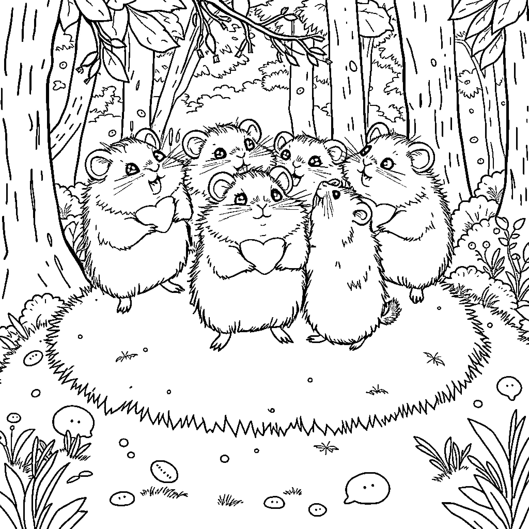 Hamsters playing joyfully in the forest Coloring Page (free black-and-white line drawing printable PDF for all, from beginners to advanced learners, including children, teens, adults, and seniors)