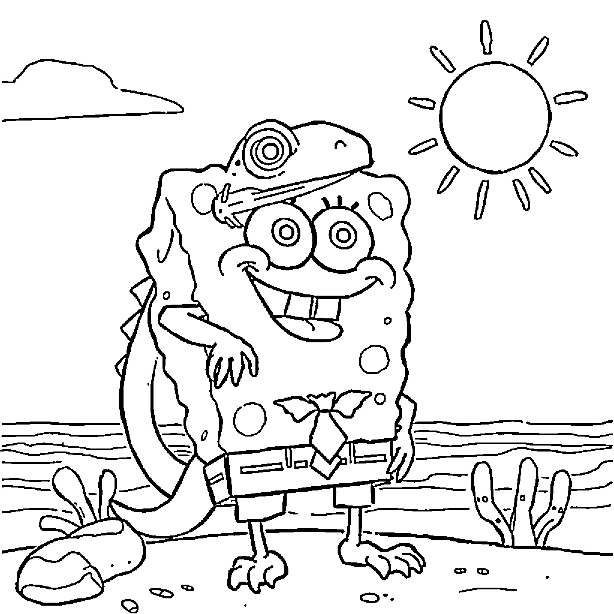 Bearded Dragon in a Cartoon-like Desert Landscape Coloring Page (free black-and-white line drawing printable PDF for all, from beginners to advanced learners, including children, teens, adults, and seniors)