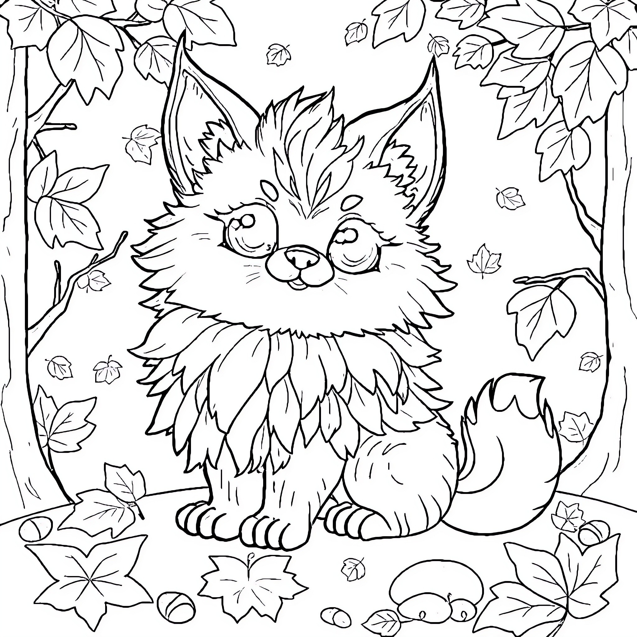 Ovipets - Playful Furry Companion in Autumn Leaves Coloring Page (free black-and-white line drawing printable PDF for all, from beginners to advanced learners, including children, teens, adults, and seniors)