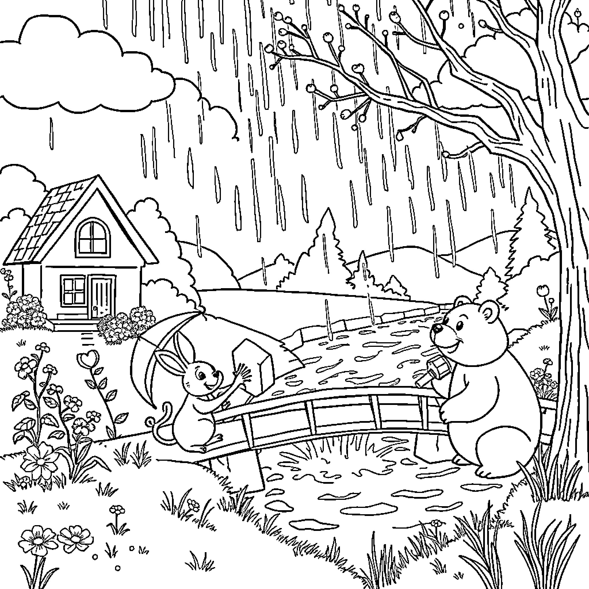 Rabbit family exploring the rainy forest Coloring Page (free black-and-white line drawing printable PDF for all, from beginners to advanced learners, including children, teens, adults, and seniors)