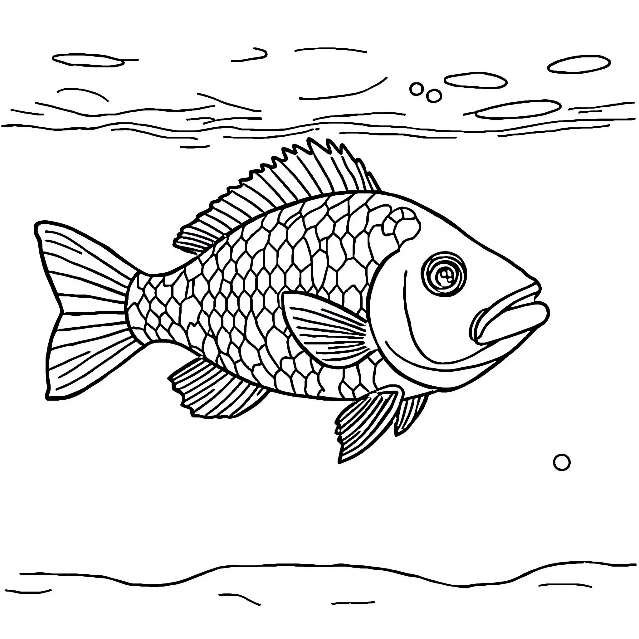 Fish swimming in the ocean Coloring Page (free black-and-white line drawing printable PDF for all, from beginners to advanced learners, including children, teens, adults, and seniors)