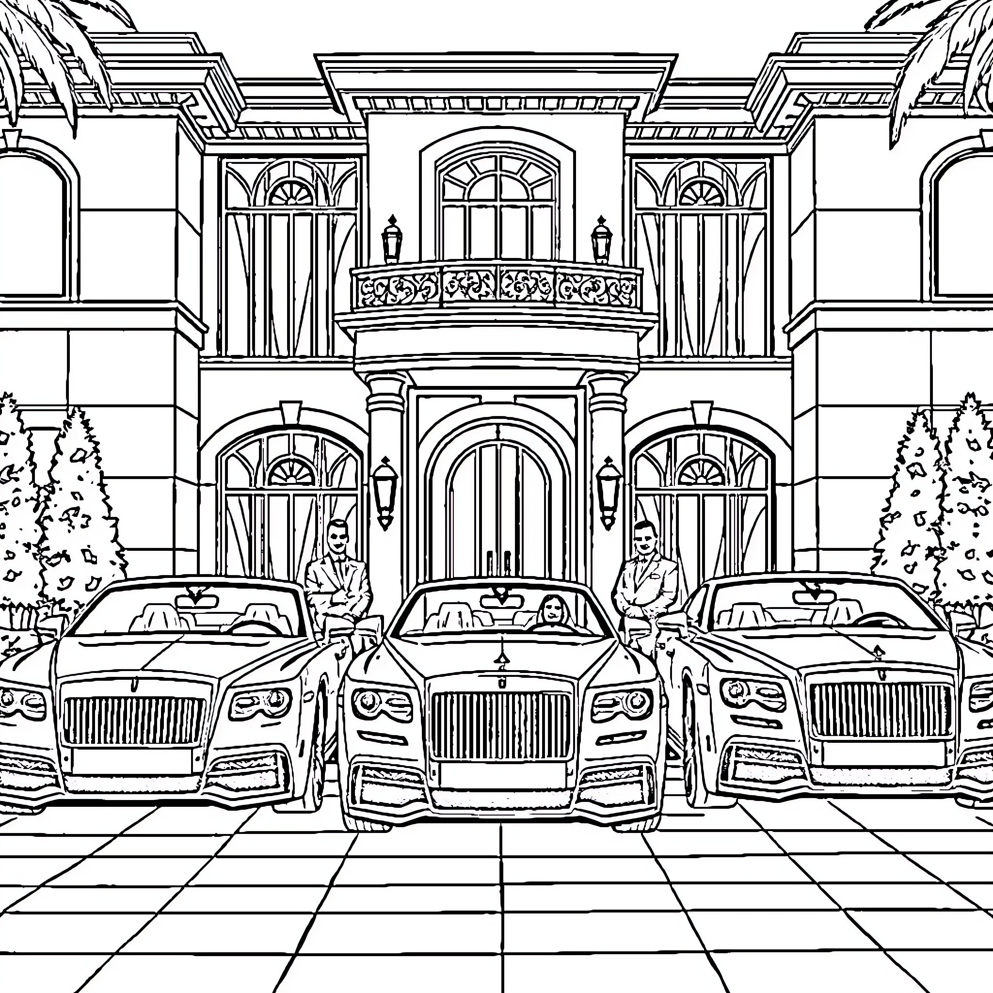 Maison of luxury automobiles and elegant architecture Coloring Page (free black-and-white line drawing printable PDF for all, from beginners to advanced learners, including children, teens, adults, and seniors)