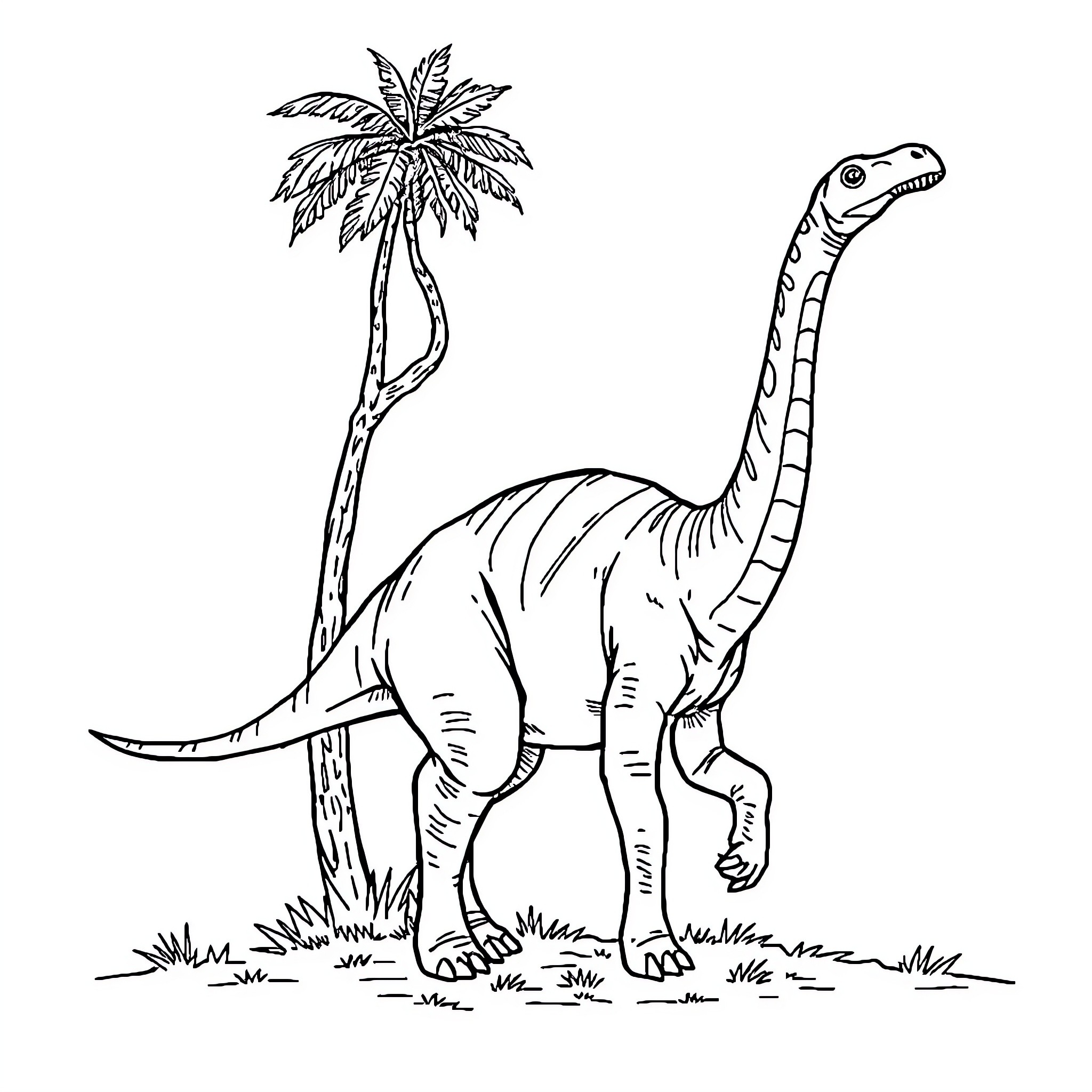 Brachiosaurus dinosaur in natural environment Coloring Page (free black-and-white line drawing printable PDF for all, from beginners to advanced learners, including children, teens, adults, and seniors)