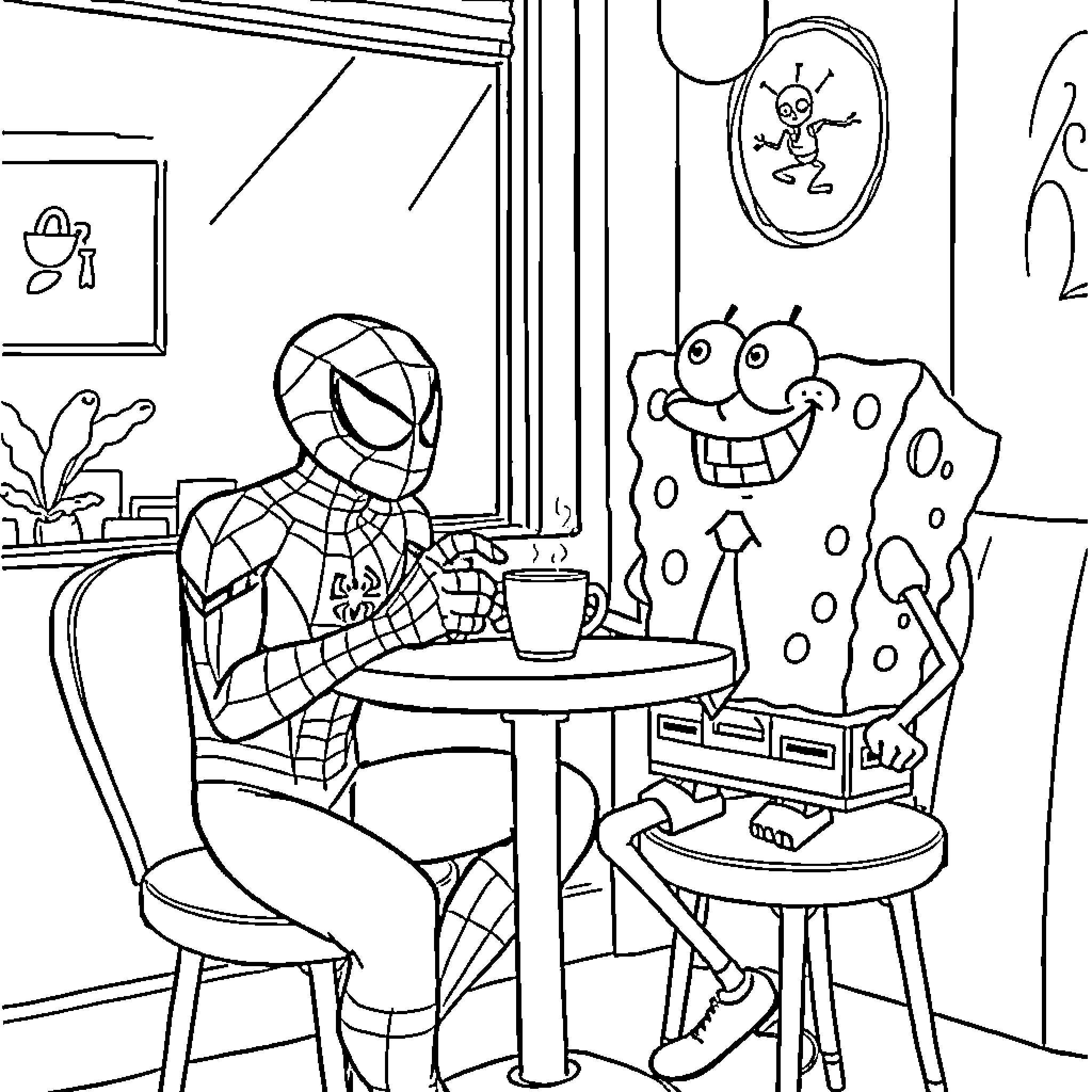 Spider-Man enjoying coffee with cartoon character Coloring Page (free black-and-white line drawing printable PDF for all, from beginners to advanced learners, including children, teens, adults, and seniors)