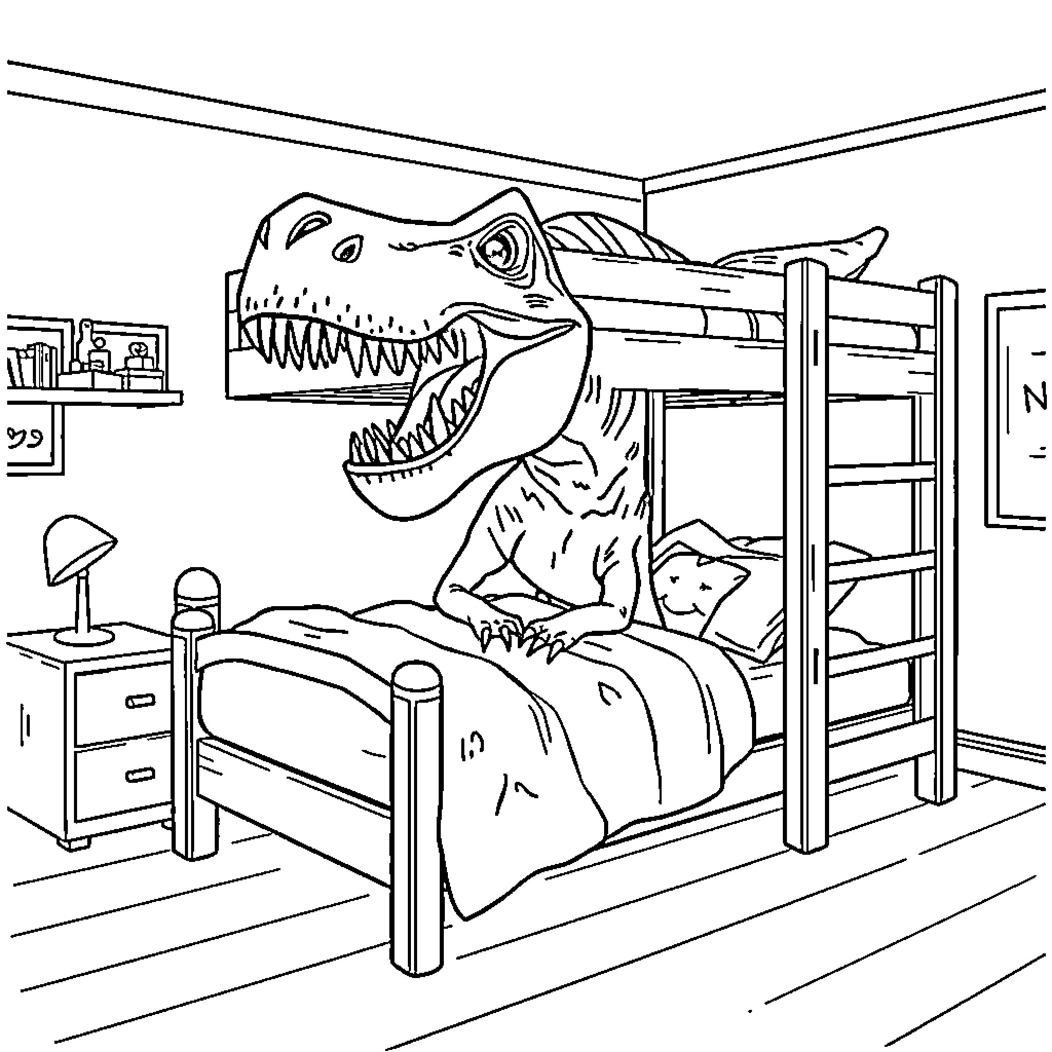 Dinosaur on Bunk Bed in Room Coloring Page (free black-and-white line drawing printable PDF for all, from beginners to advanced learners, including children, teens, adults, and seniors)