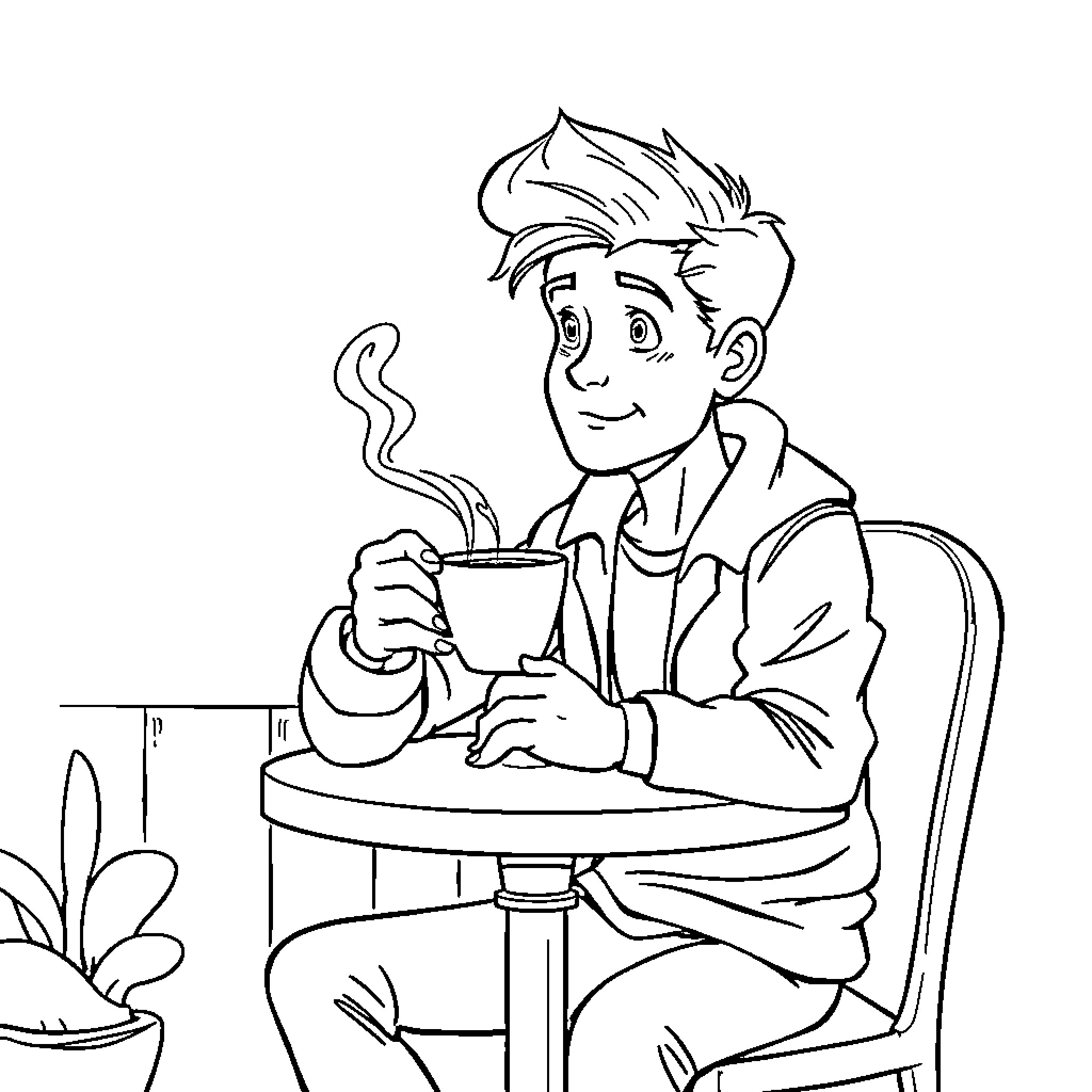 David enjoys a warm beverage in the garden Coloring Page (free black-and-white line drawing printable PDF for all, from beginners to advanced learners, including children, teens, adults, and seniors)