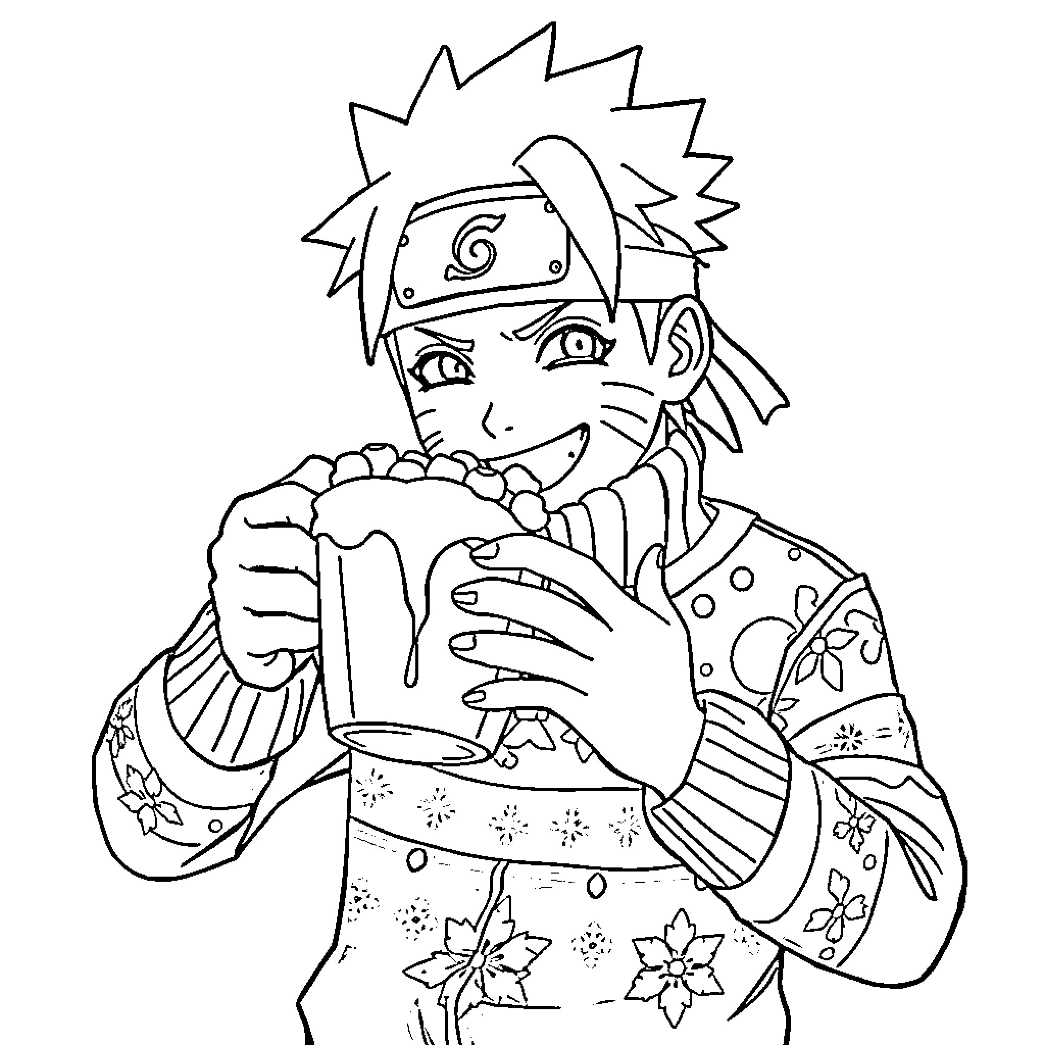 Naruto enjoying a tasty snack Coloring Page (free black-and-white line drawing printable PDF for all, from beginners to advanced learners, including children, teens, adults, and seniors)