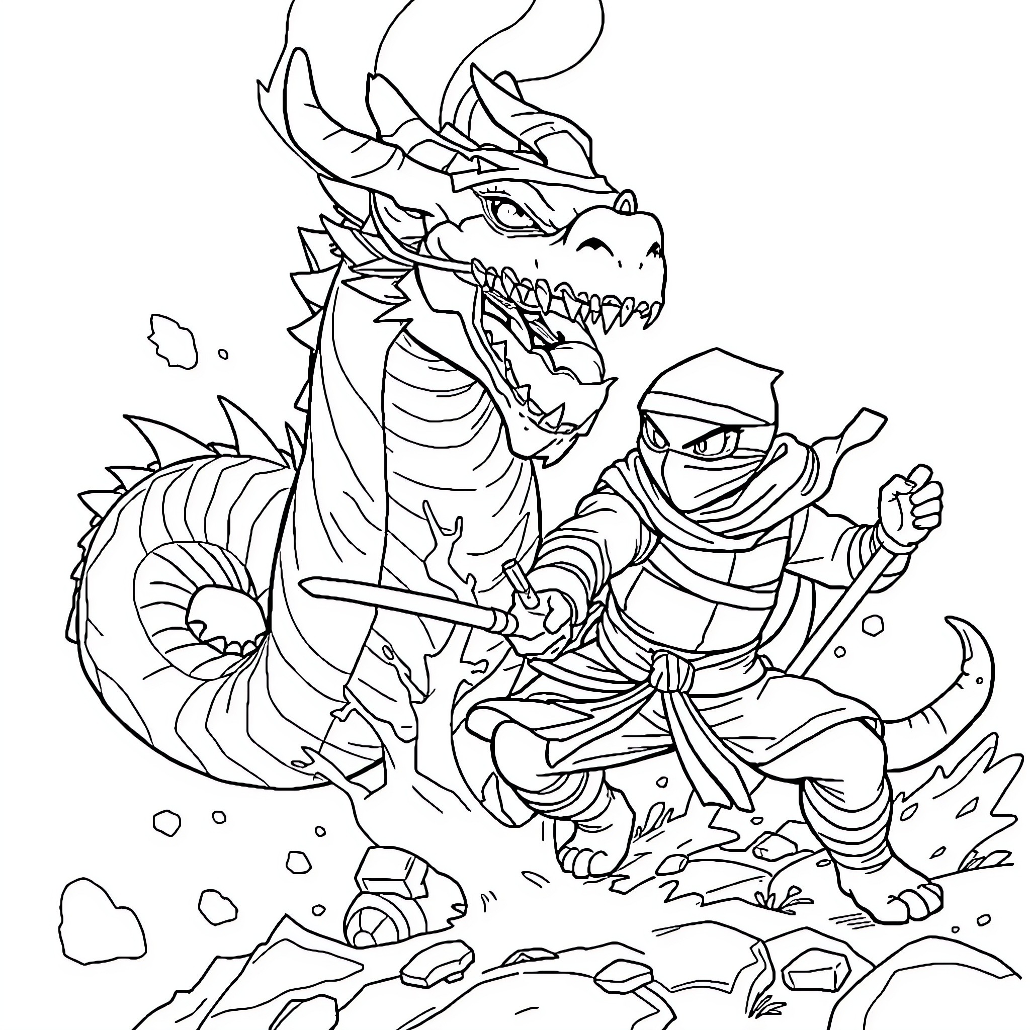 Ninja Turtle battling a fierce dragon Coloring Page (free black-and-white line drawing printable PDF for all, from beginners to advanced learners, including children, teens, adults, and seniors)
