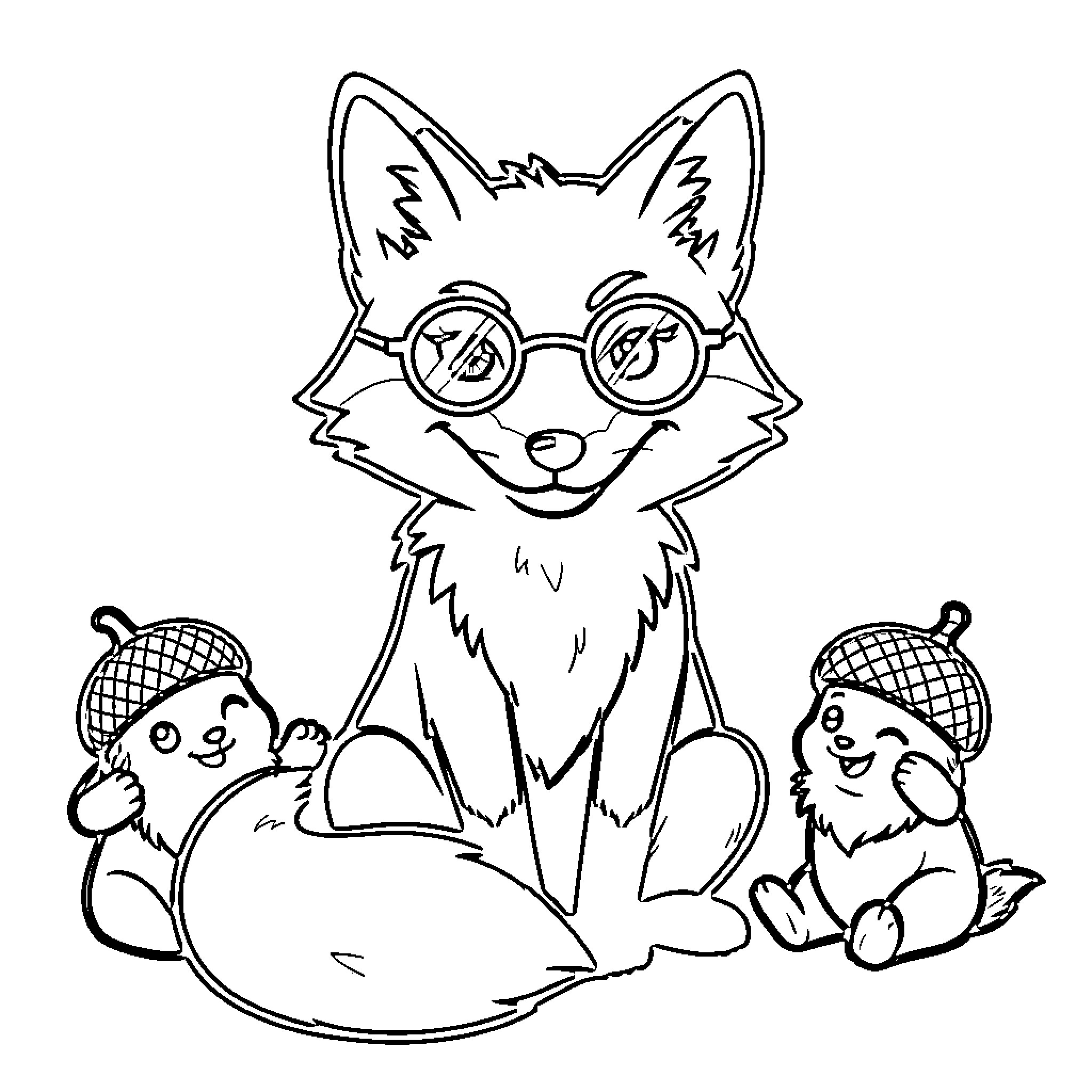 Fox wearing glasses and playing with squirrels Coloring Page (free black-and-white line drawing printable PDF for all, from beginners to advanced learners, including children, teens, adults, and seniors)
