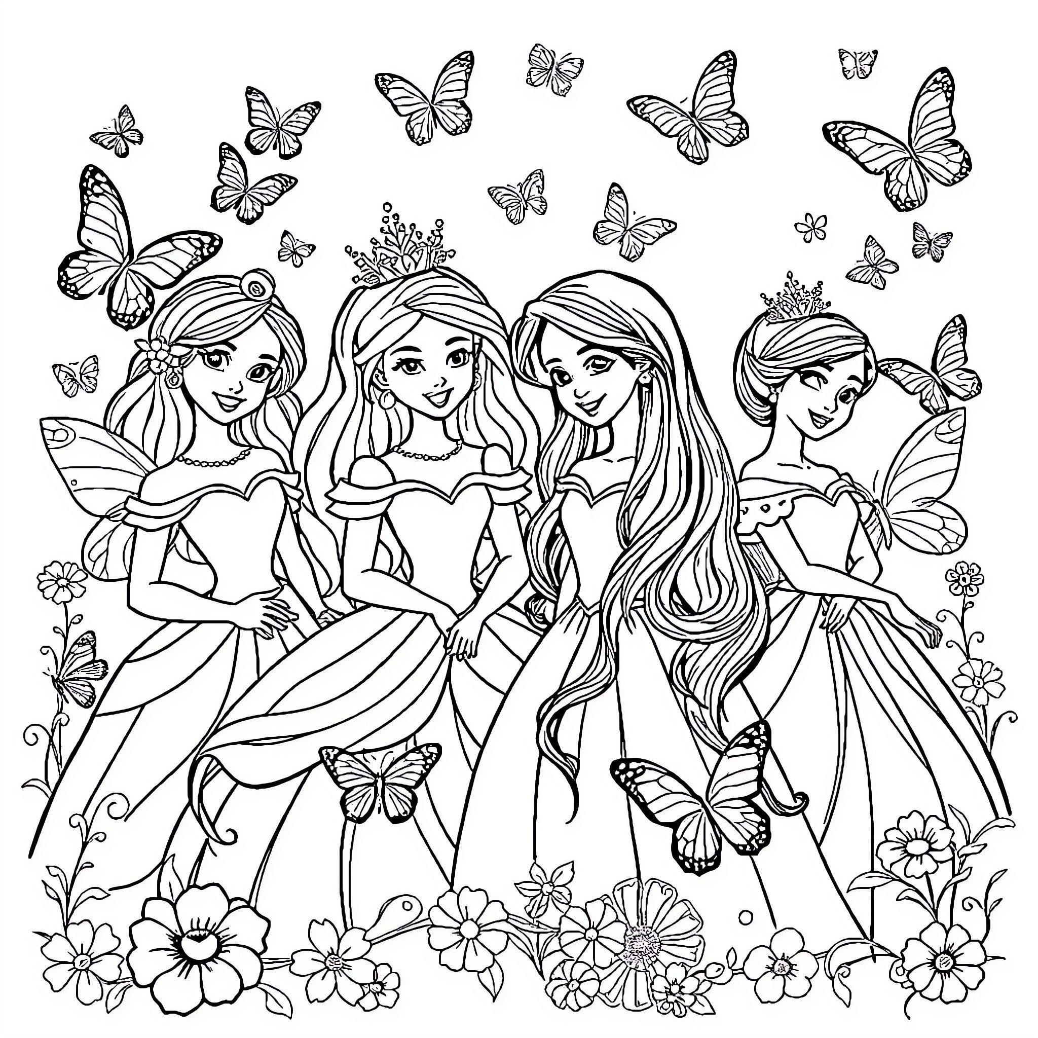 Butterfly Princesses and Fairies Surrounded by Flowers and Butterflies Coloring Page (free black-and-white line drawing printable PDF for all, from beginners to advanced learners, including children, teens, adults, and seniors)