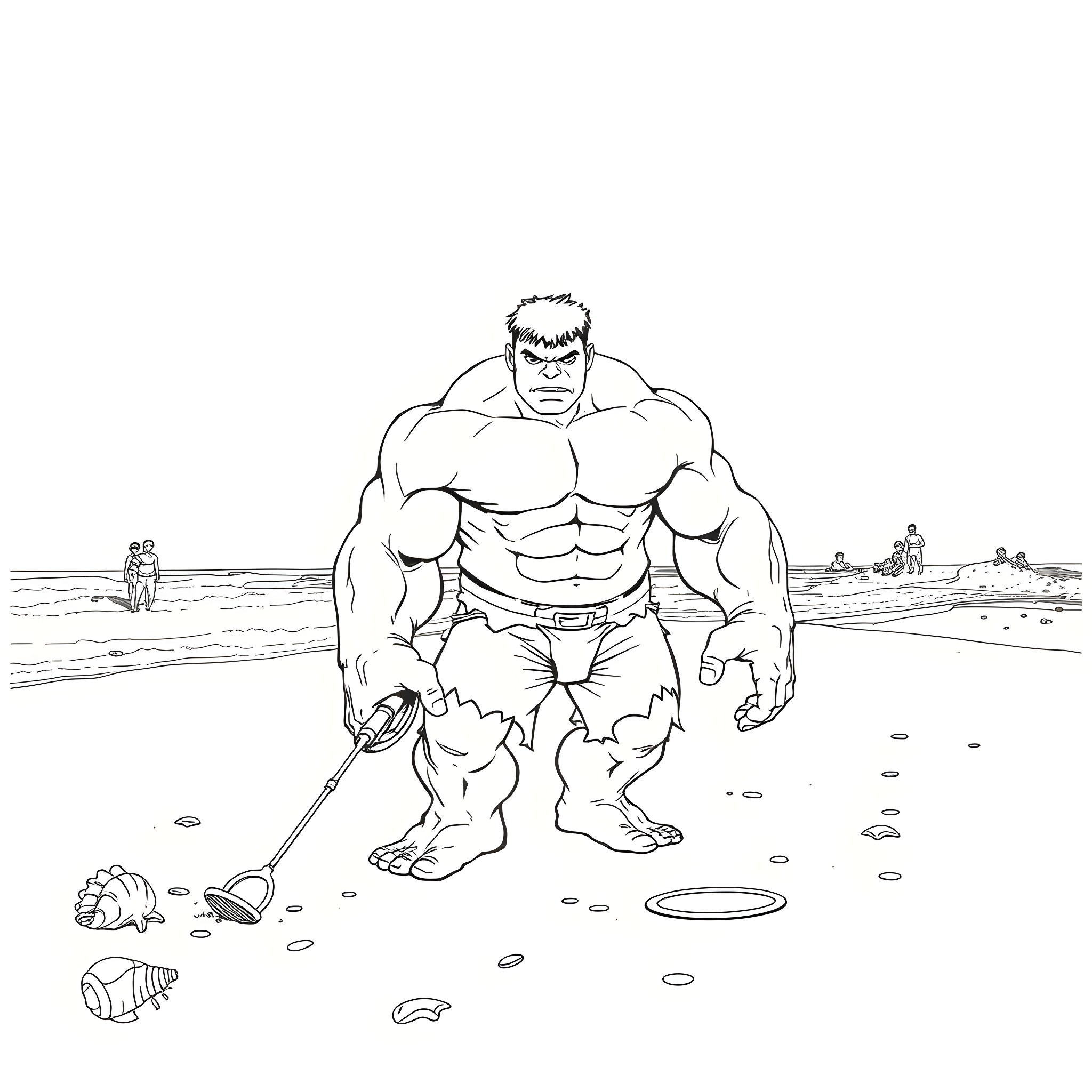 Hulk cleaning up the beach Coloring Page (free black-and-white line drawing printable PDF for all, from beginners to advanced learners, including children, teens, adults, and seniors)