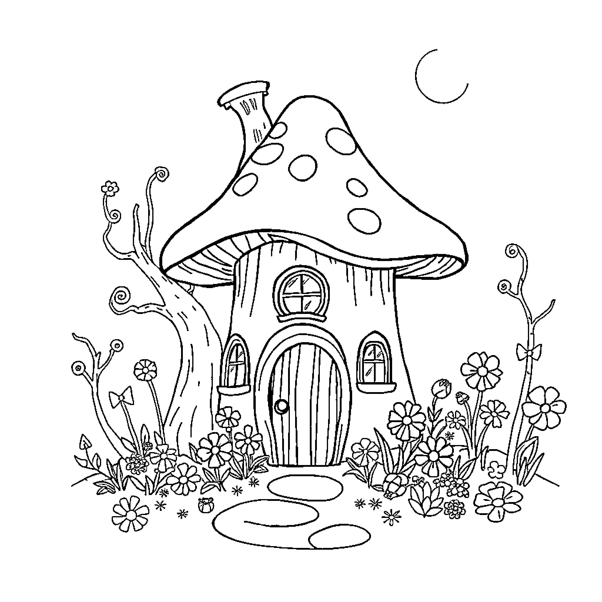 Mushroom house in a whimsical garden Coloring Page (free black-and-white line drawing printable PDF for all, from beginners to advanced learners, including children, teens, adults, and seniors)