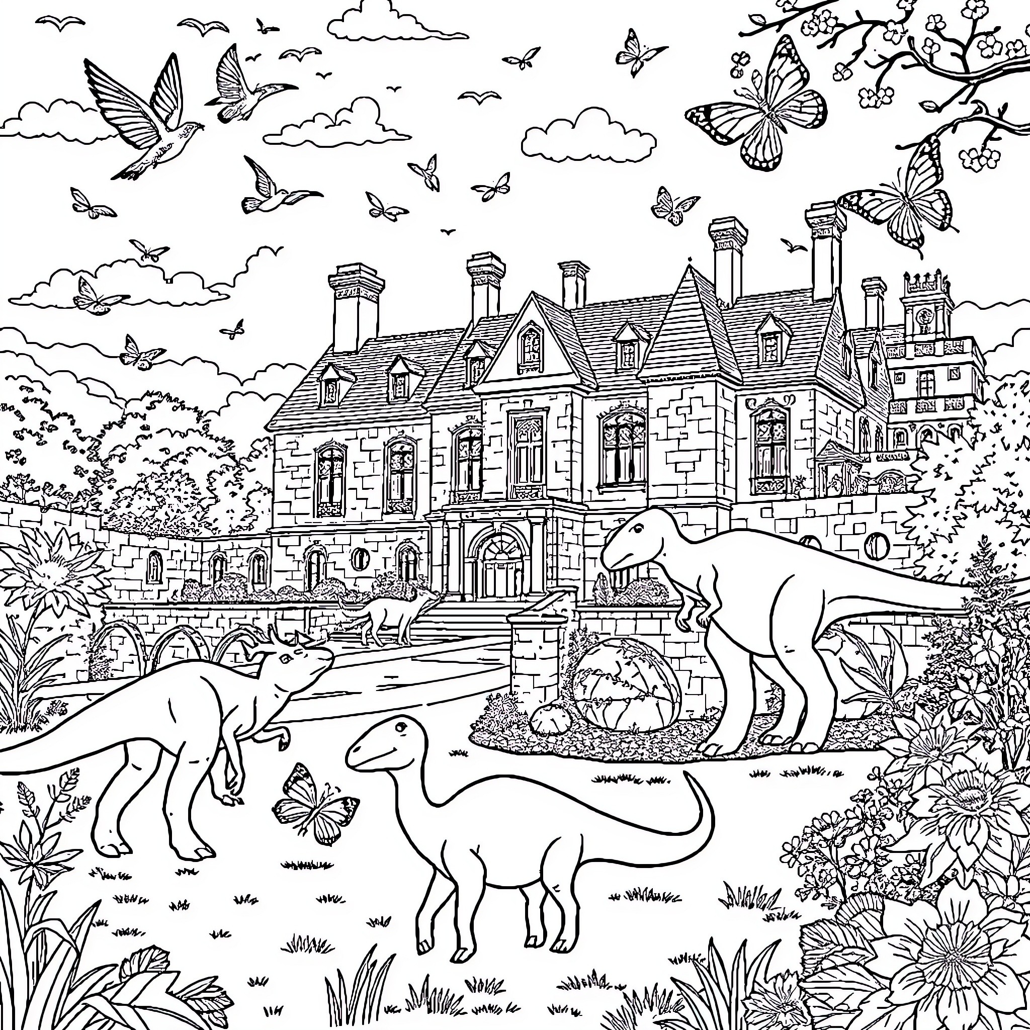Dinosaur Exploration at the Stately Manor Coloring Page (free black-and-white line drawing printable PDF for all, from beginners to advanced learners, including children, teens, adults, and seniors)