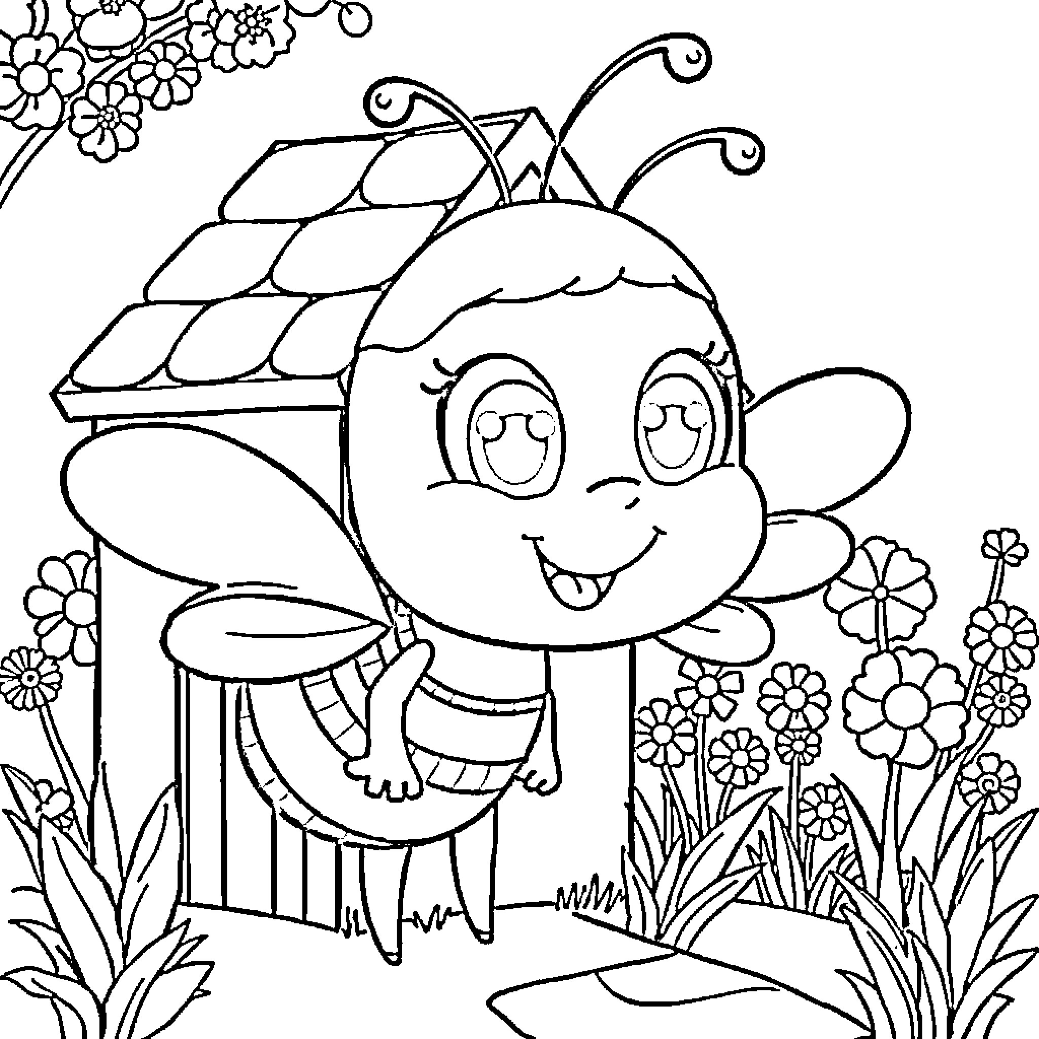 Bee enjoying flowers in the garden Coloring Page (free black-and-white line drawing printable PDF for all, from beginners to advanced learners, including children, teens, adults, and seniors)