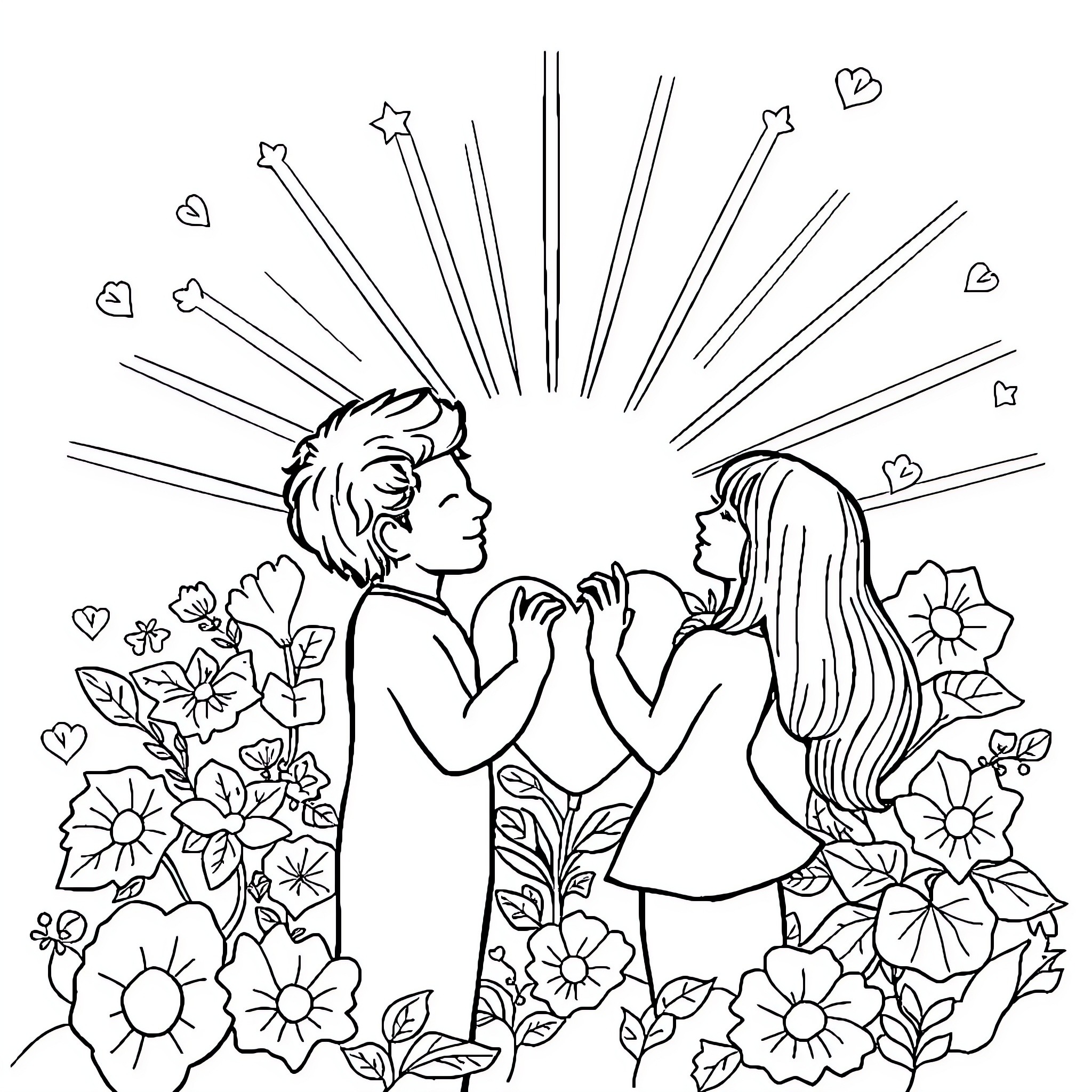 Fruit of young love blooming in floral field Coloring Page (free black-and-white line drawing printable PDF for all, from beginners to advanced learners, including children, teens, adults, and seniors)