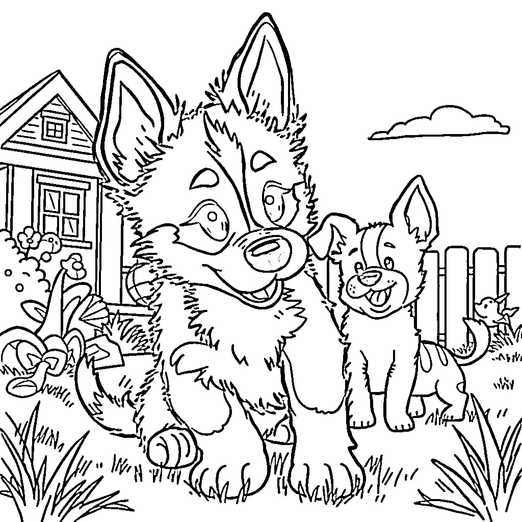 Bluey and Bingo playing in the yard Coloring Page (free black-and-white line drawing printable PDF for all, from beginners to advanced learners, including children, teens, adults, and seniors)