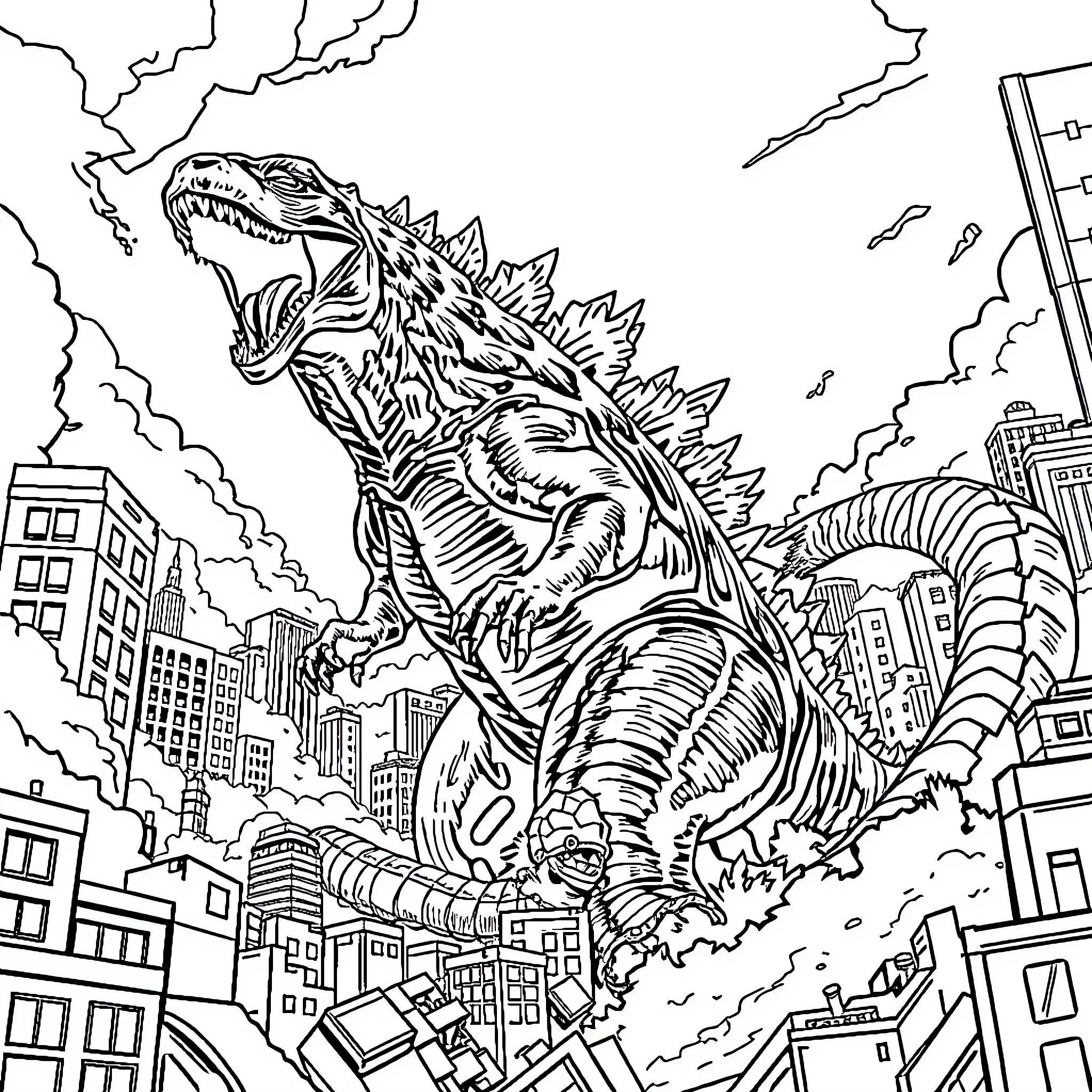 Godzilla rampaging through the city Coloring Page (free black-and-white line drawing printable PDF for all, from beginners to advanced learners, including children, teens, adults, and seniors)