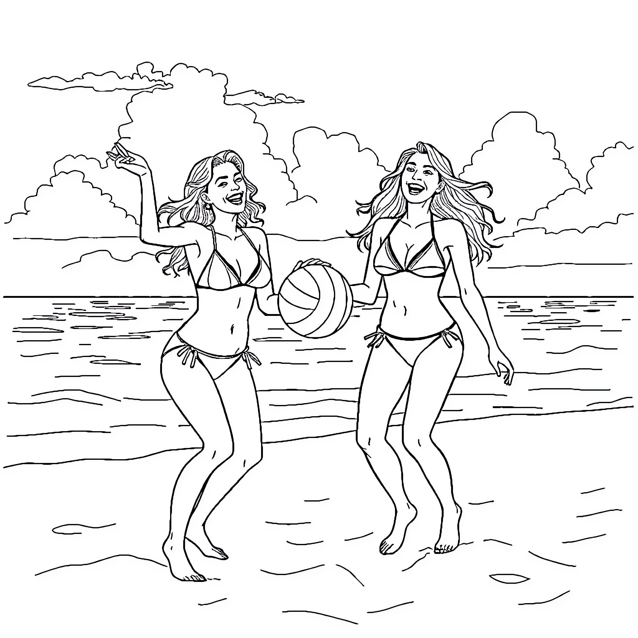Bikini-clad friends enjoying the beach Coloring Page (free black-and-white line drawing printable PDF for all, from beginners to advanced learners, including children, teens, adults, and seniors)