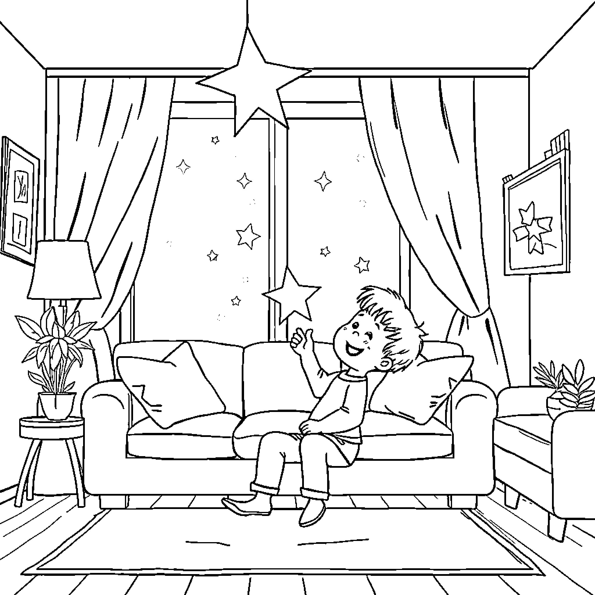 Child enjoying a cozy indoor setting Coloring Page (free black-and-white line drawing printable PDF for all, from beginners to advanced learners, including children, teens, adults, and seniors)