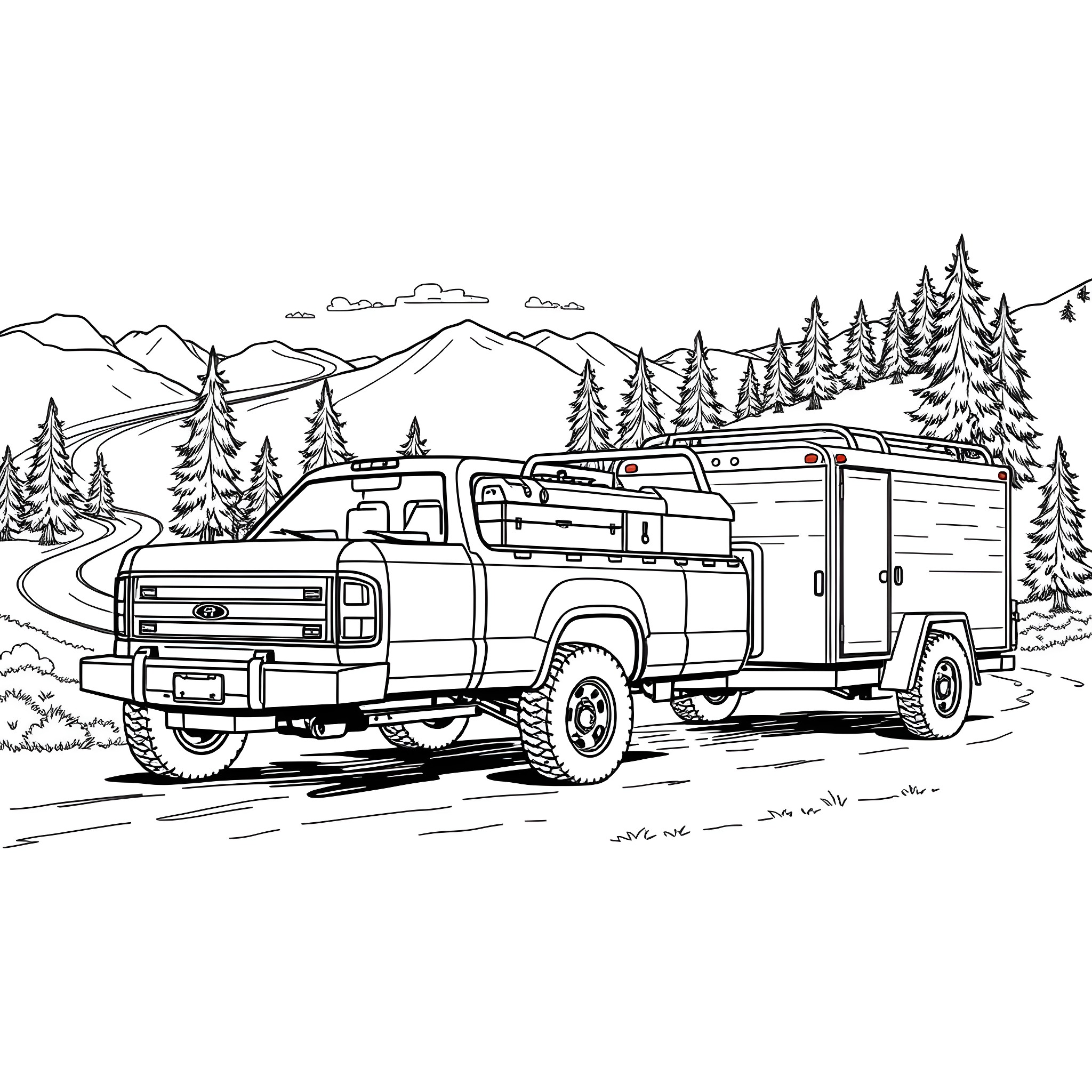 Truck traveling on mountain road in scenic landscape Coloring Page (free black-and-white line drawing printable PDF for all, from beginners to advanced learners, including children, teens, adults, and seniors)