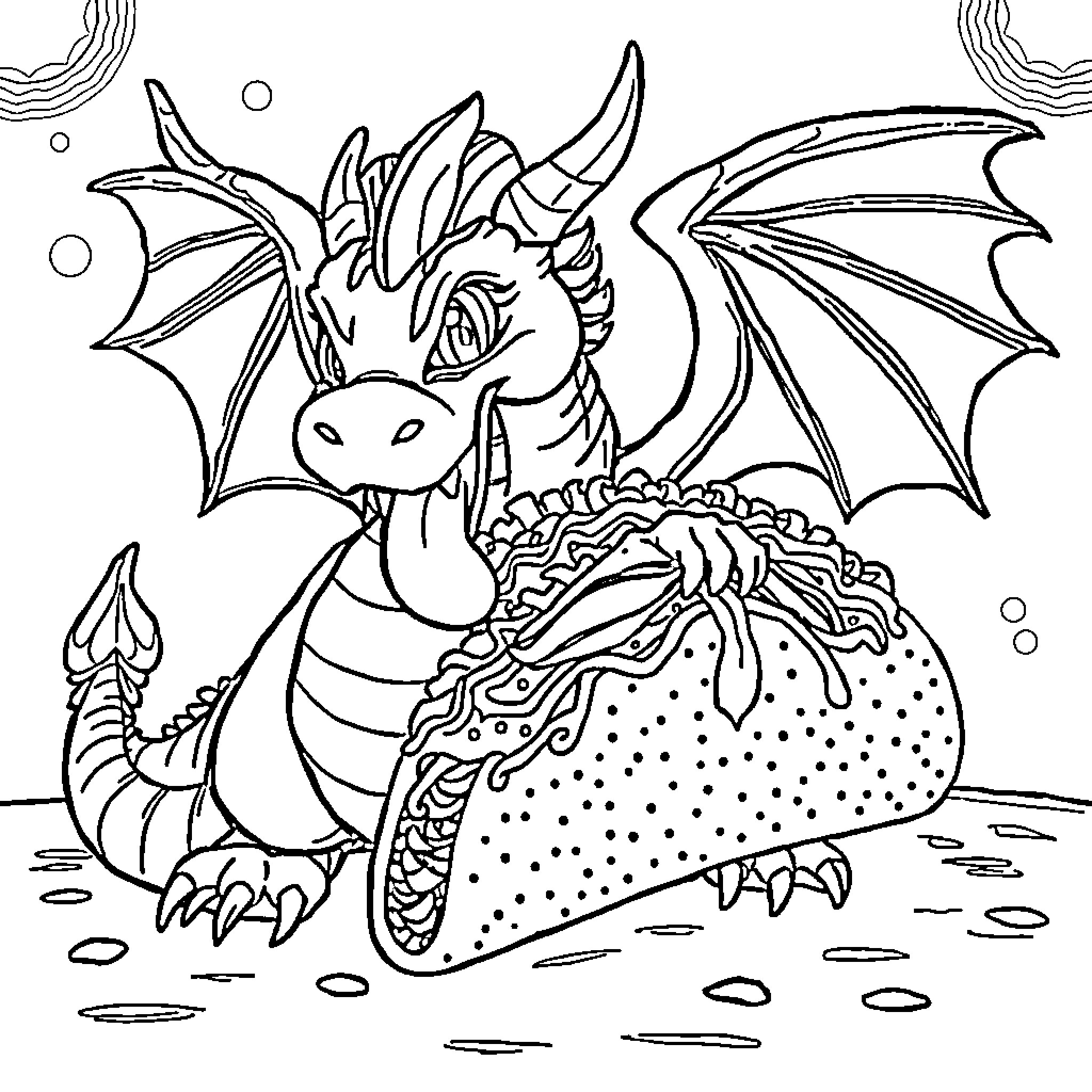 Dragon sitting on a rock in the sea Coloring Page (free black-and-white line drawing printable PDF for all, from beginners to advanced learners, including children, teens, adults, and seniors)