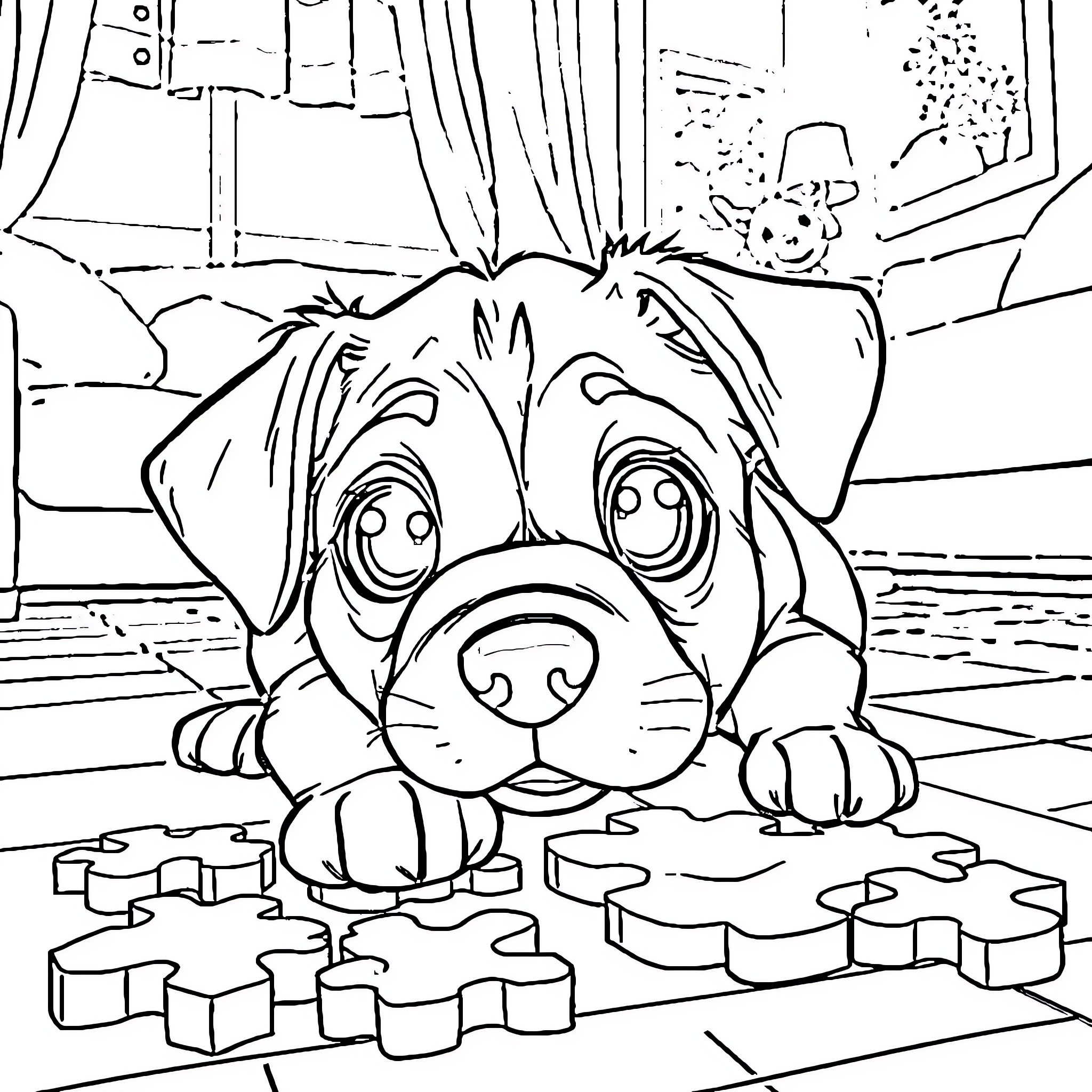 Dog playing with toys in a room Coloring Page (free black-and-white line drawing printable PDF for all, from beginners to advanced learners, including children, teens, adults, and seniors)