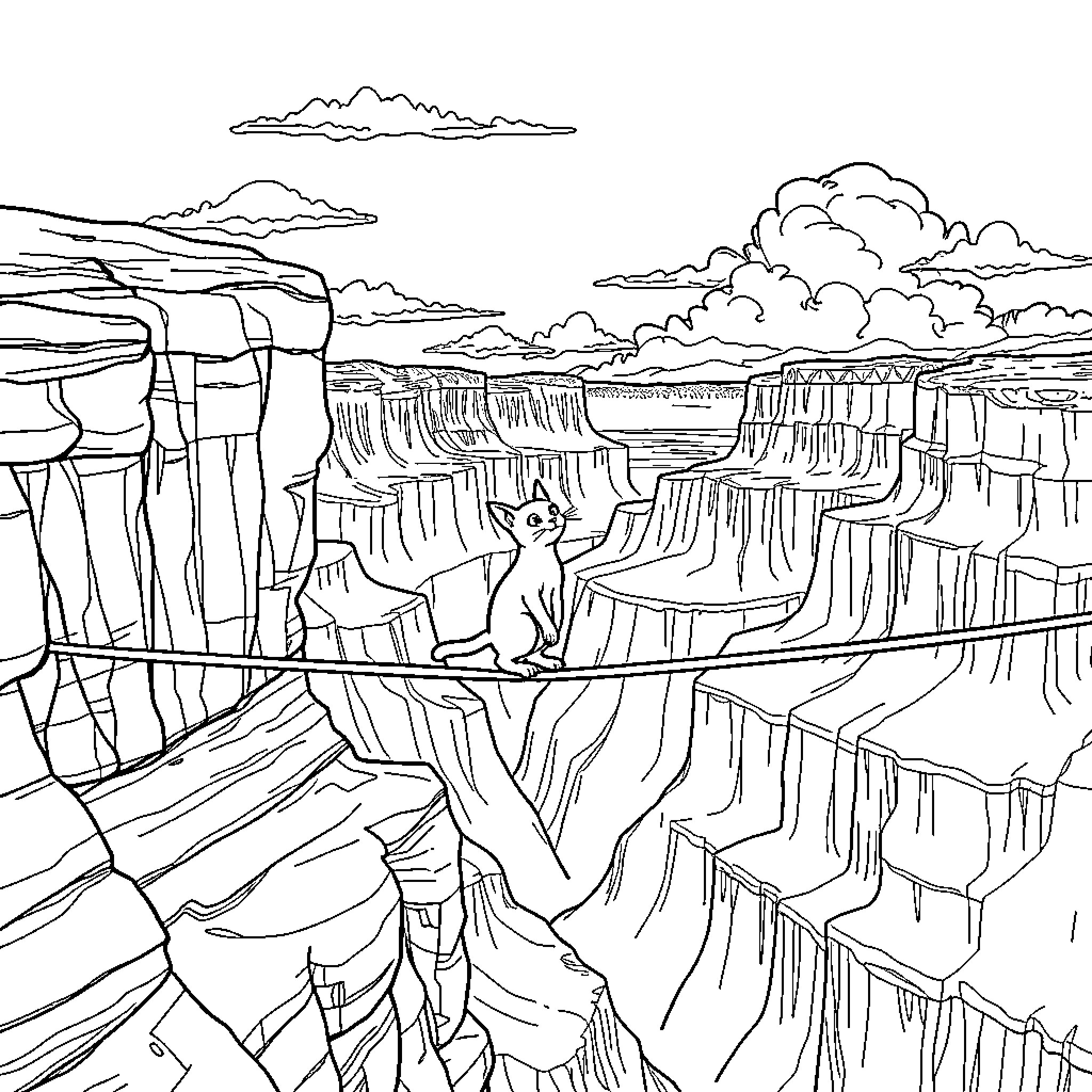 Cat exploring the rocky canyon landscape Coloring Page (free black-and-white line drawing printable PDF for all, from beginners to advanced learners, including children, teens, adults, and seniors)