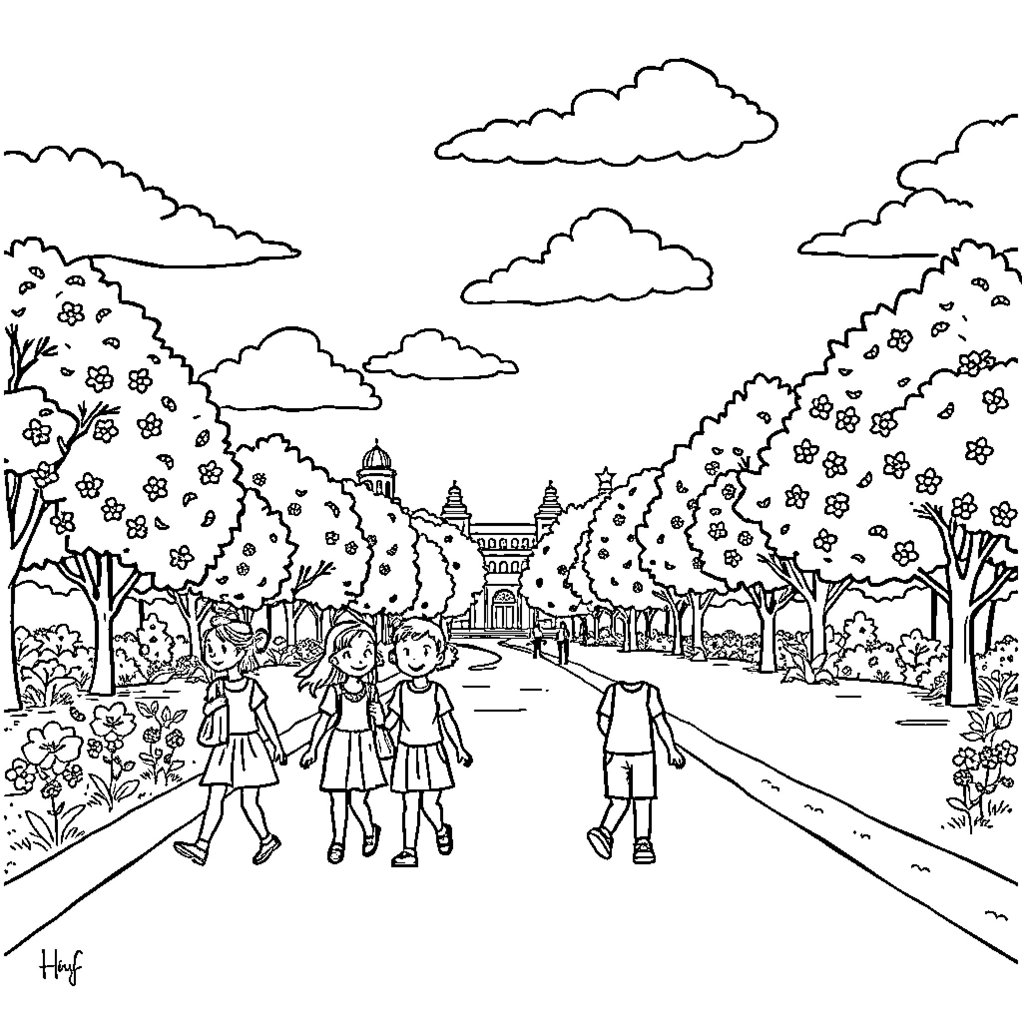 People walking together on a flowery path Coloring Page (free black-and-white line drawing printable PDF for all, from beginners to advanced learners, including children, teens, adults, and seniors)