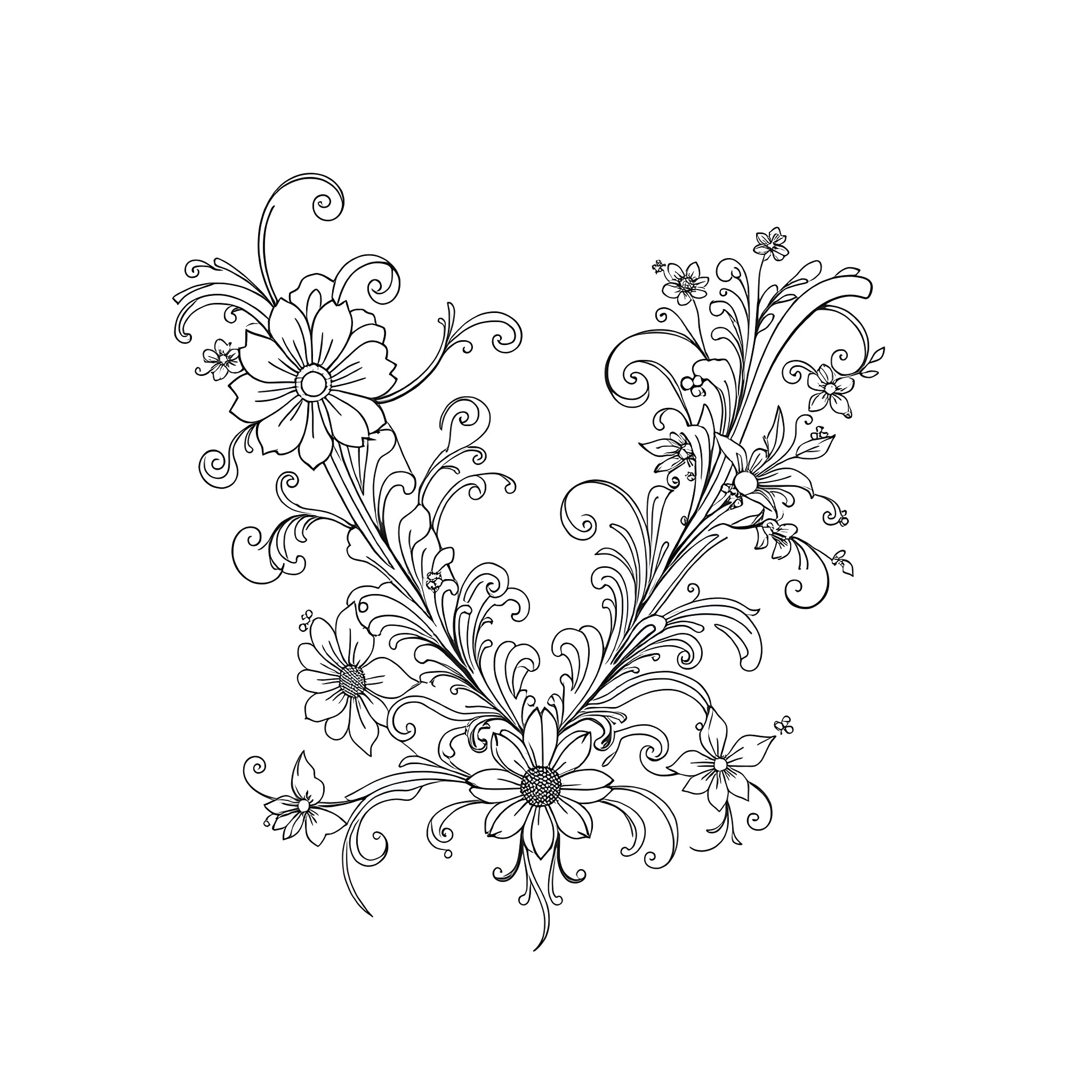 Vibrant Floral Designs and Patterns Coloring Page (free black-and-white line drawing printable PDF for all, from beginners to advanced learners, including children, teens, adults, and seniors)
