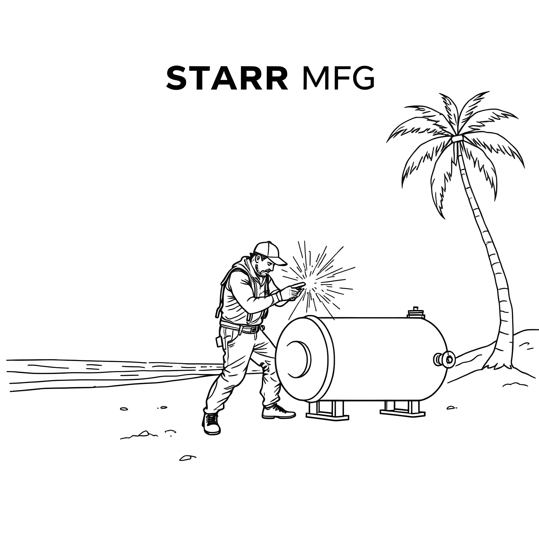 Man welding near palm tree on beach Coloring Page (free black-and-white line drawing printable PDF for all, from beginners to advanced learners, including children, teens, adults, and seniors)