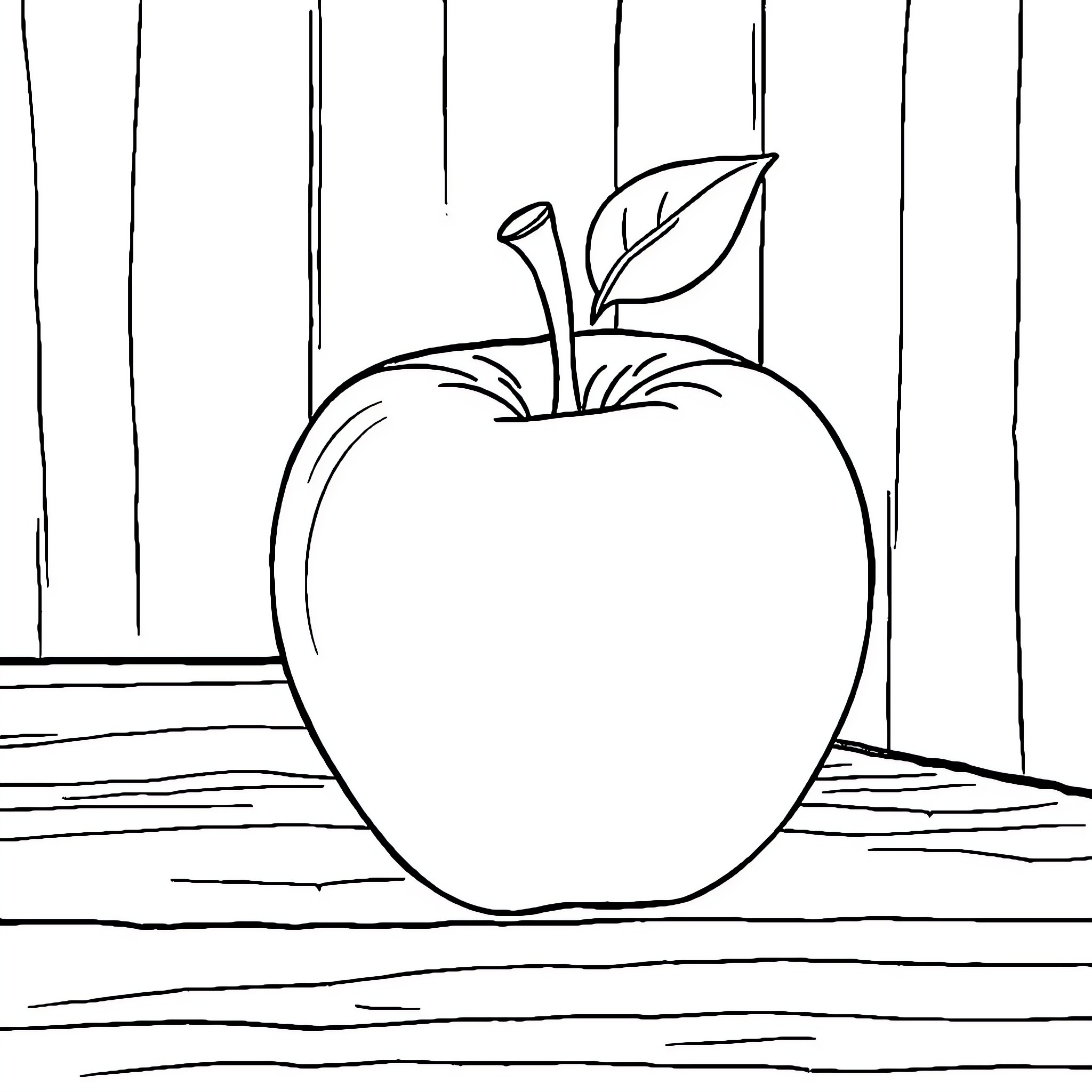 Apple on a Wooden Table Coloring Page (free black-and-white line drawing printable PDF for all, from beginners to advanced learners, including children, teens, adults, and seniors)