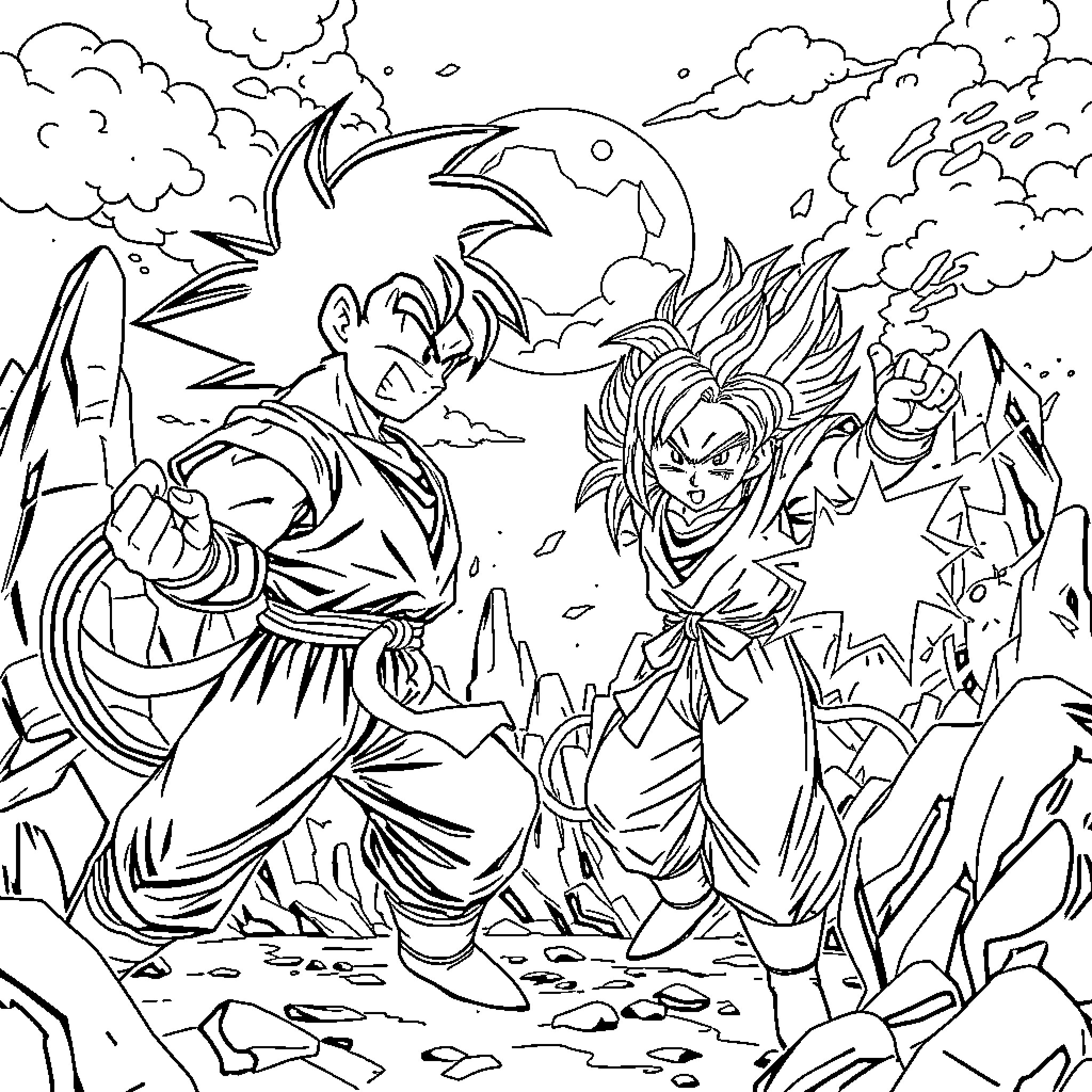 Dragon Ball Characters in Epic Battle Pose Coloring Page (free black-and-white line drawing printable PDF for all, from beginners to advanced learners, including children, teens, adults, and seniors)