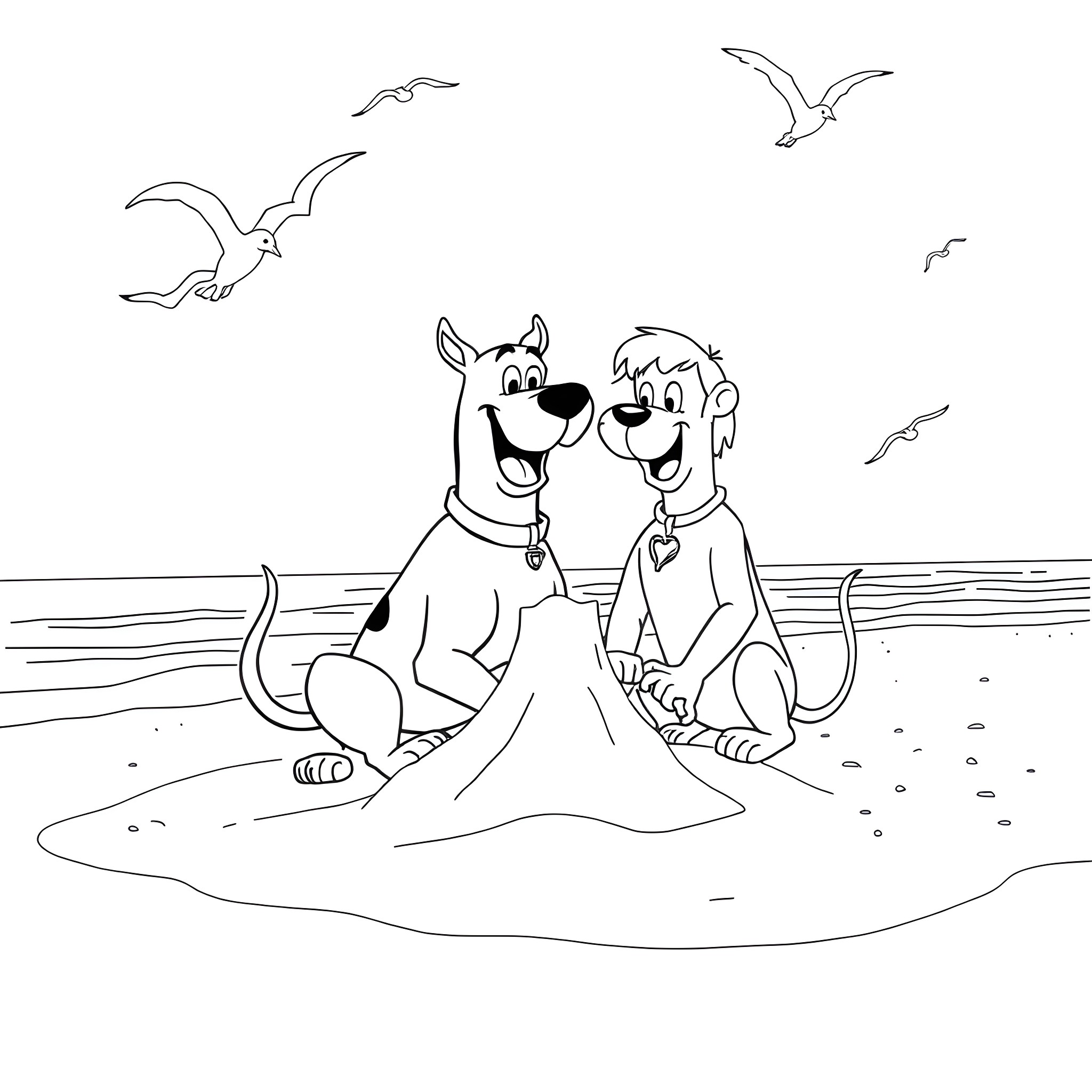 Scooby Doo and Shaggy enjoying a sunny day at the beach Coloring Page (free black-and-white line drawing printable PDF for all, from beginners to advanced learners, including children, teens, adults, and seniors)