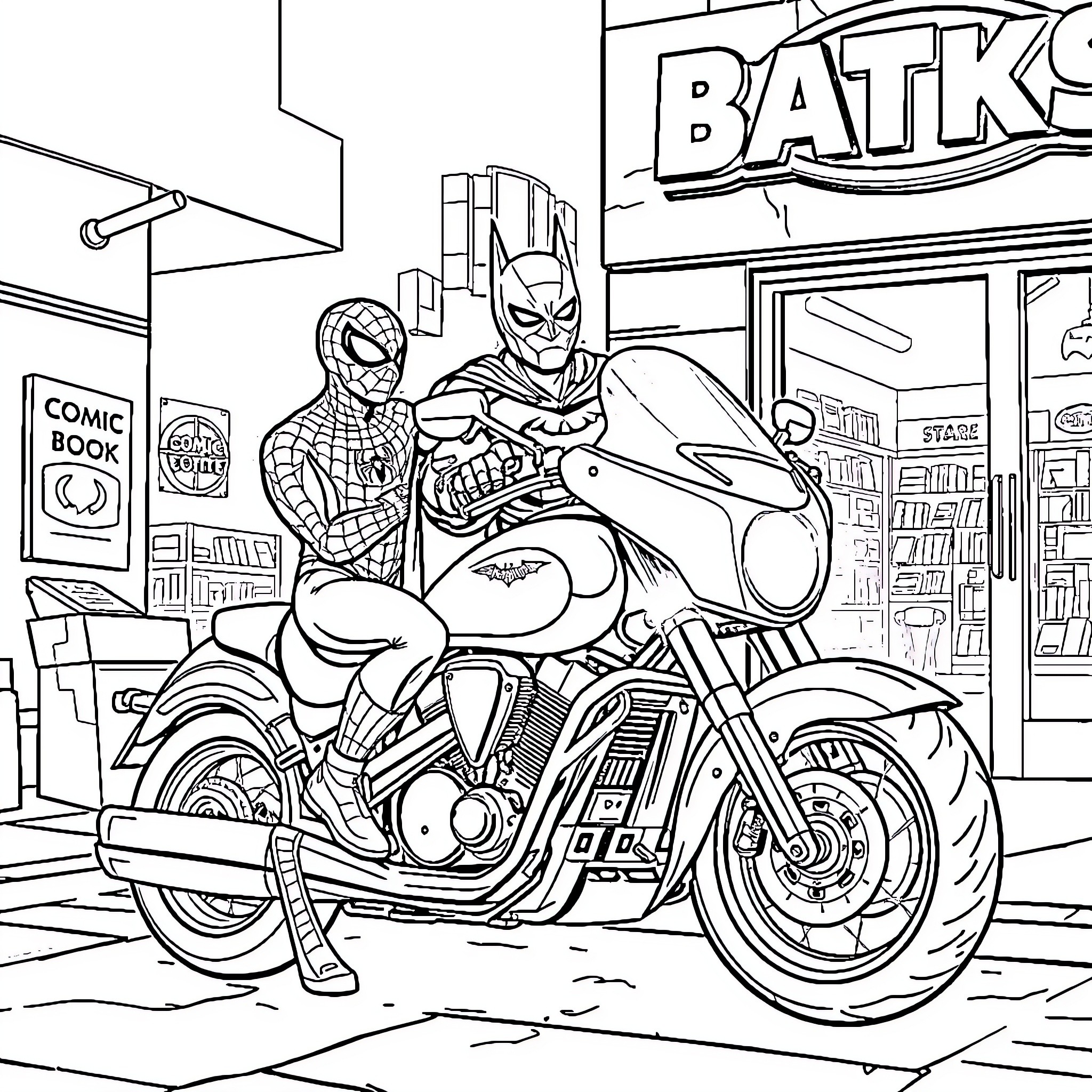 Spider-Man and Batman Ride Motorcycles in City Coloring Page (free black-and-white line drawing printable PDF for all, from beginners to advanced learners, including children, teens, adults, and seniors)