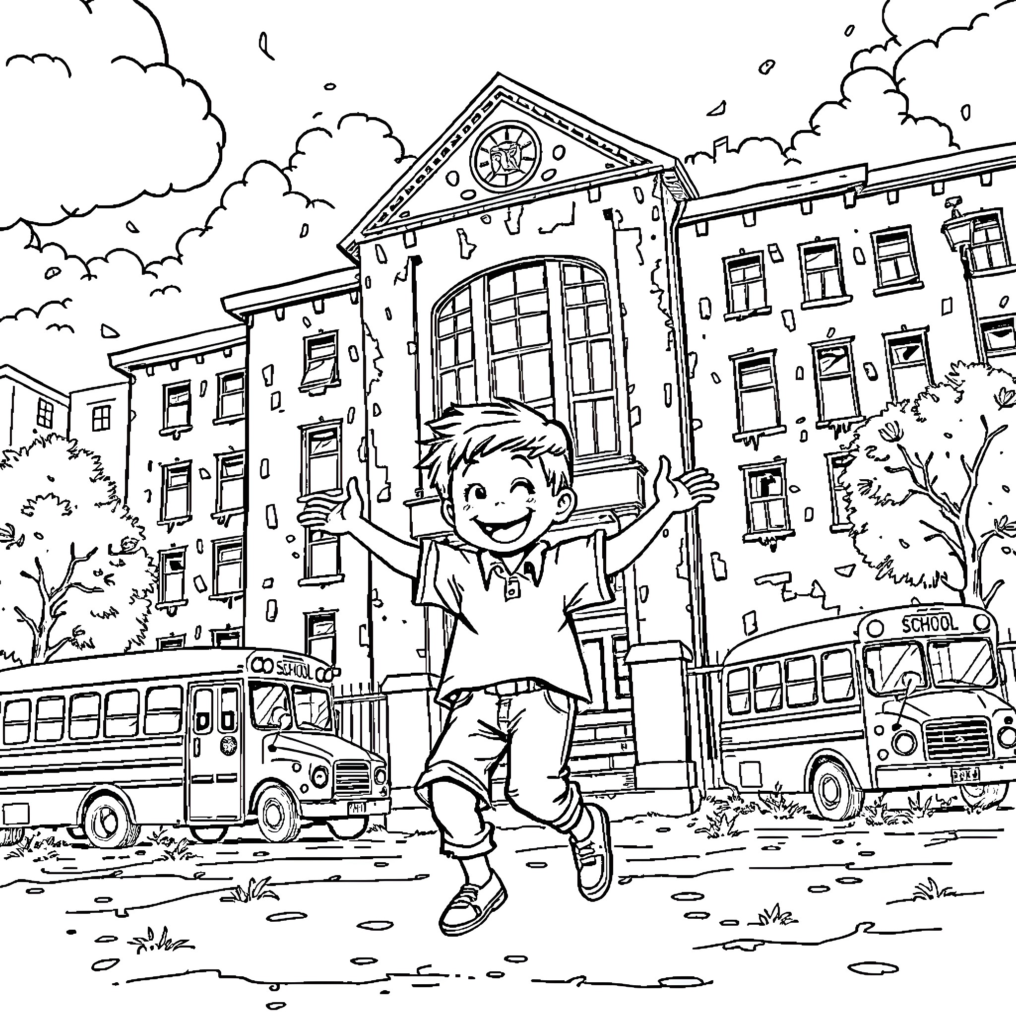 Boy happily jumping in front of school Coloring Page (free black-and-white line drawing printable PDF for all, from beginners to advanced learners, including children, teens, adults, and seniors)