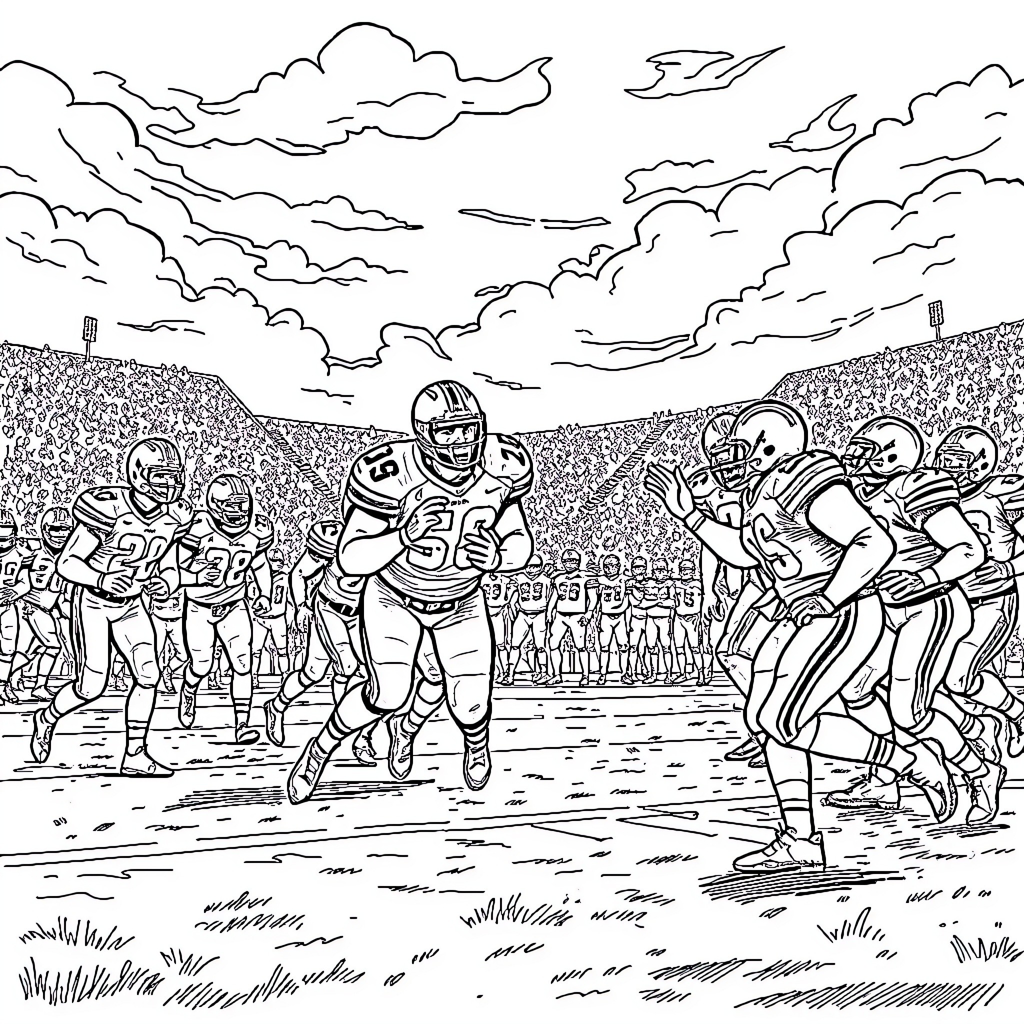 Ohio Football Players Competing on the Field Coloring Page (free black-and-white line drawing printable PDF for all, from beginners to advanced learners, including children, teens, adults, and seniors)