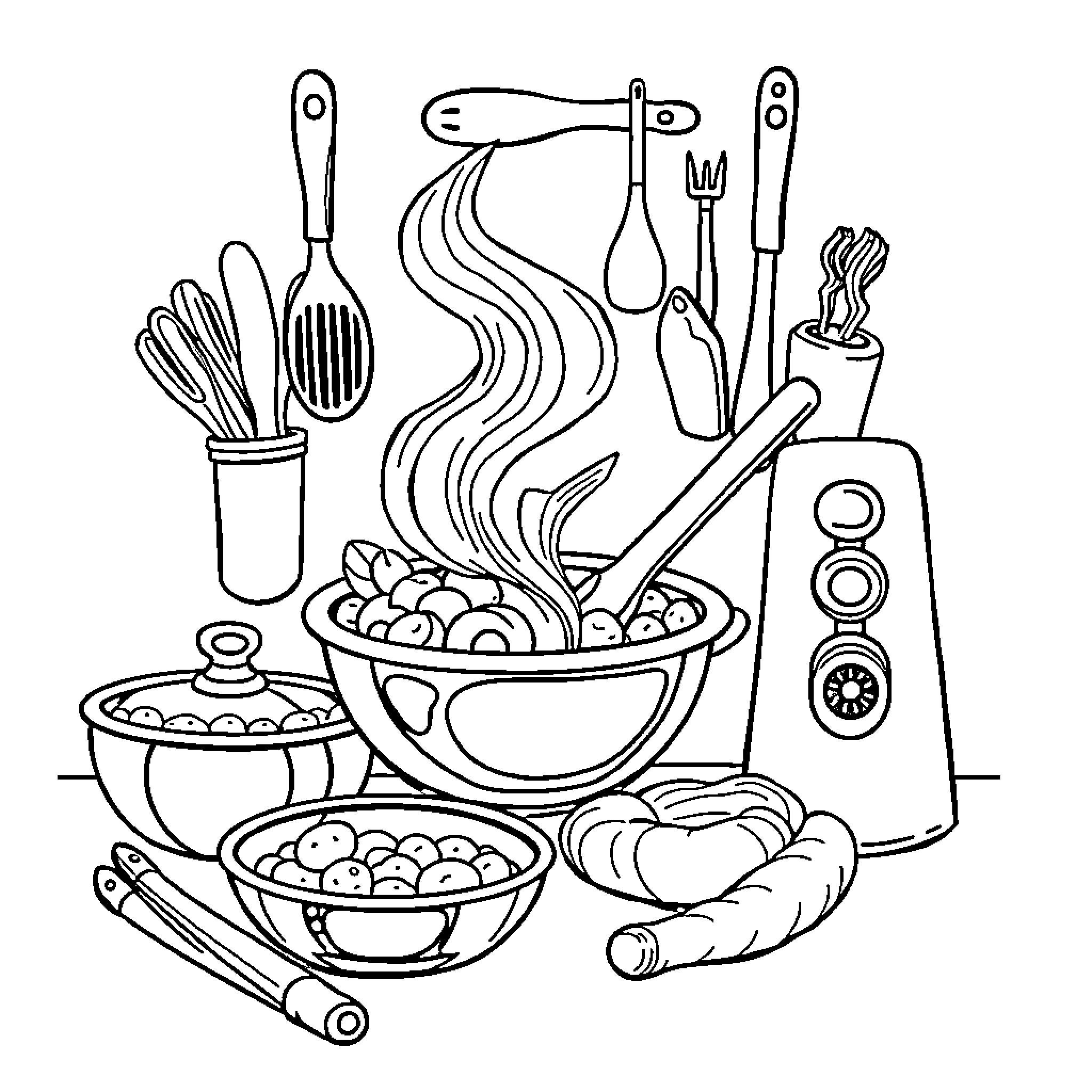 Kitchen Inventions with Culinary Creations Coloring Page (free black-and-white line drawing printable PDF for all, from beginners to advanced learners, including children, teens, adults, and seniors)