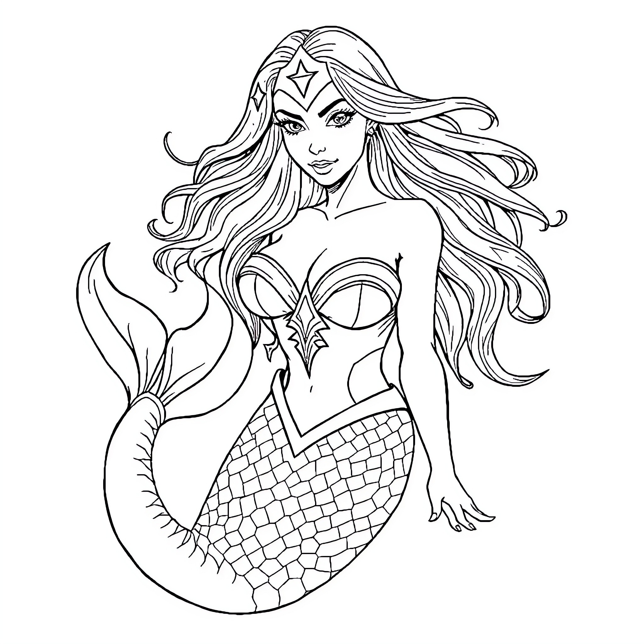 Mermaid with flowing hair and powerful expression Coloring Page (free black-and-white line drawing printable PDF for all, from beginners to advanced learners, including children, teens, adults, and seniors)