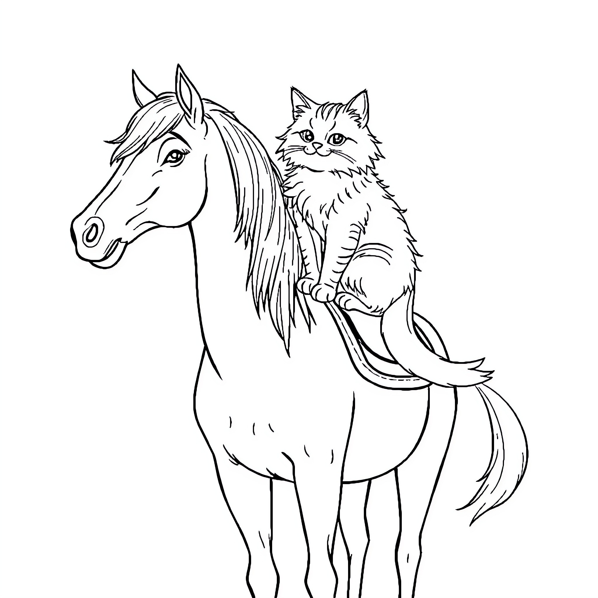 Cat and Horse Companions Coloring Page (free black-and-white line drawing printable PDF for all, from beginners to advanced learners, including children, teens, adults, and seniors)