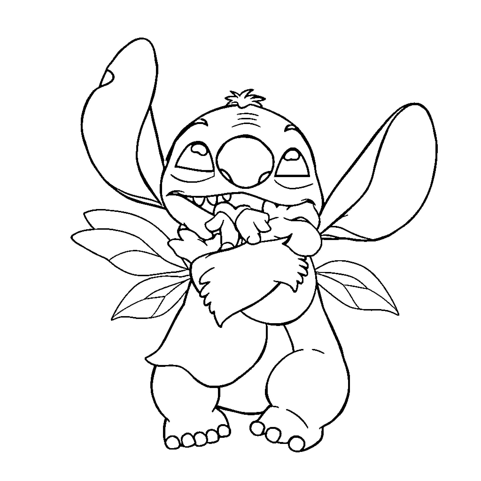 Stitch holding a flower and smiling Coloring Page (free black-and-white line drawing printable PDF for all, from beginners to advanced learners, including children, teens, adults, and seniors)