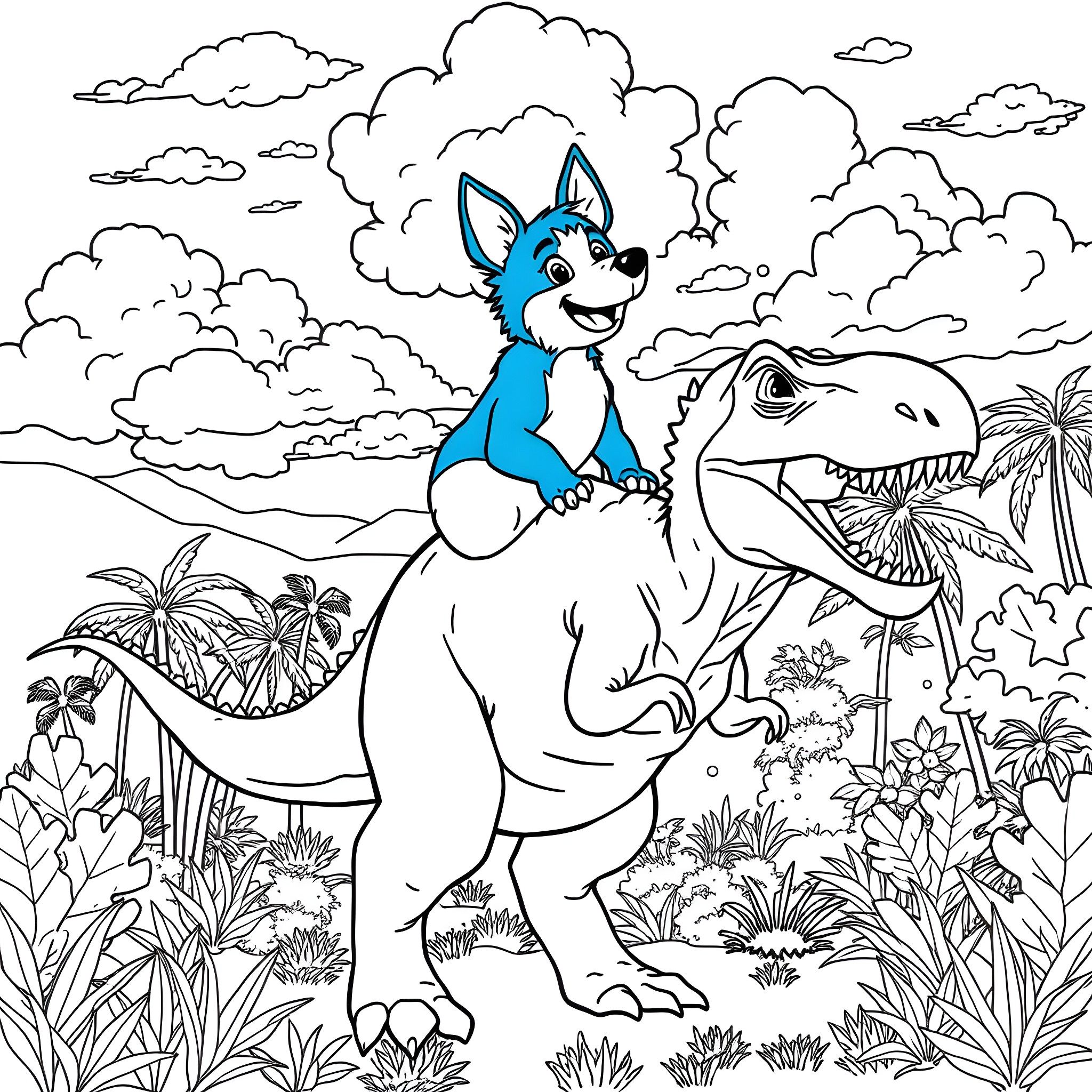 Bluey riding on a dinosaur in the jungle Coloring Page (free black-and-white line drawing printable PDF for all, from beginners to advanced learners, including children, teens, adults, and seniors)