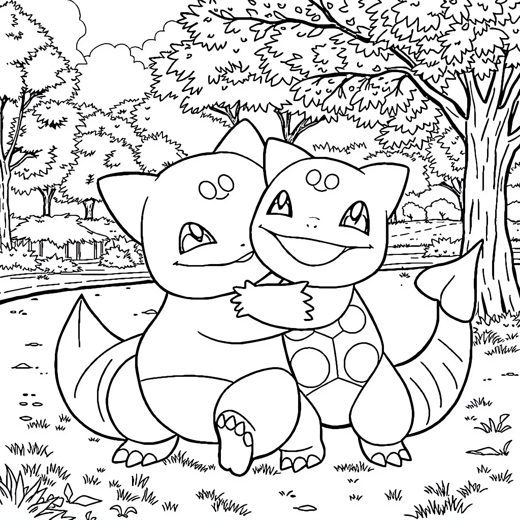 Bulbasaur enjoying the outdoors Coloring Page (free black-and-white line drawing printable PDF for all, from beginners to advanced learners, including children, teens, adults, and seniors)