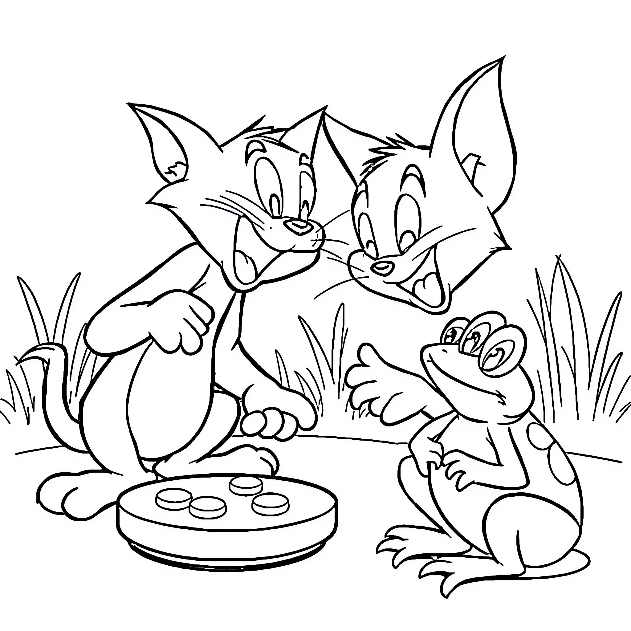 Tom and Jerry playing a board game in the grass Coloring Page (free black-and-white line drawing printable PDF for all, from beginners to advanced learners, including children, teens, adults, and seniors)