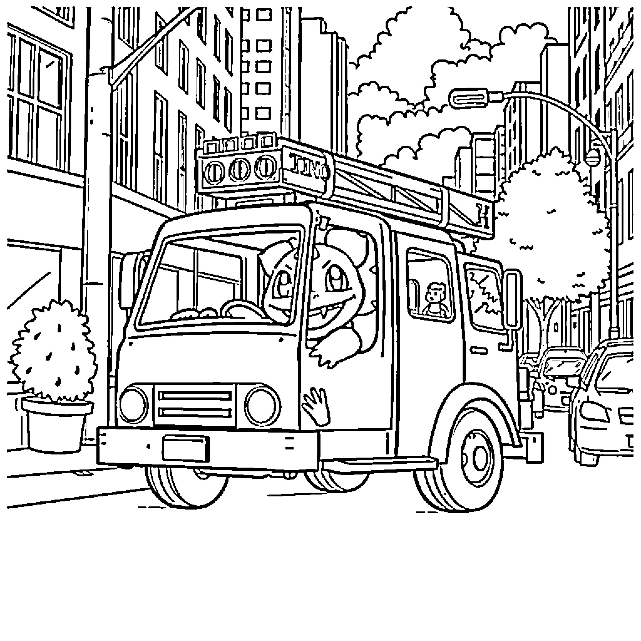 Bulbasaur riding a fire truck through the city Coloring Page (free black-and-white line drawing printable PDF for all, from beginners to advanced learners, including children, teens, adults, and seniors)